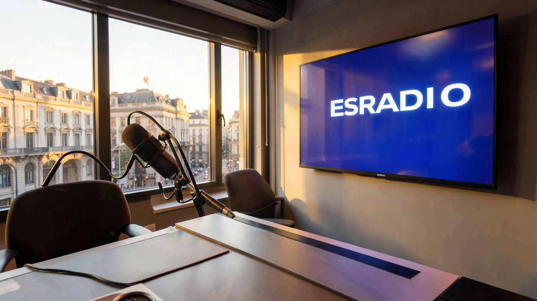 Talk radio studio at dawn overlooking Madrid
