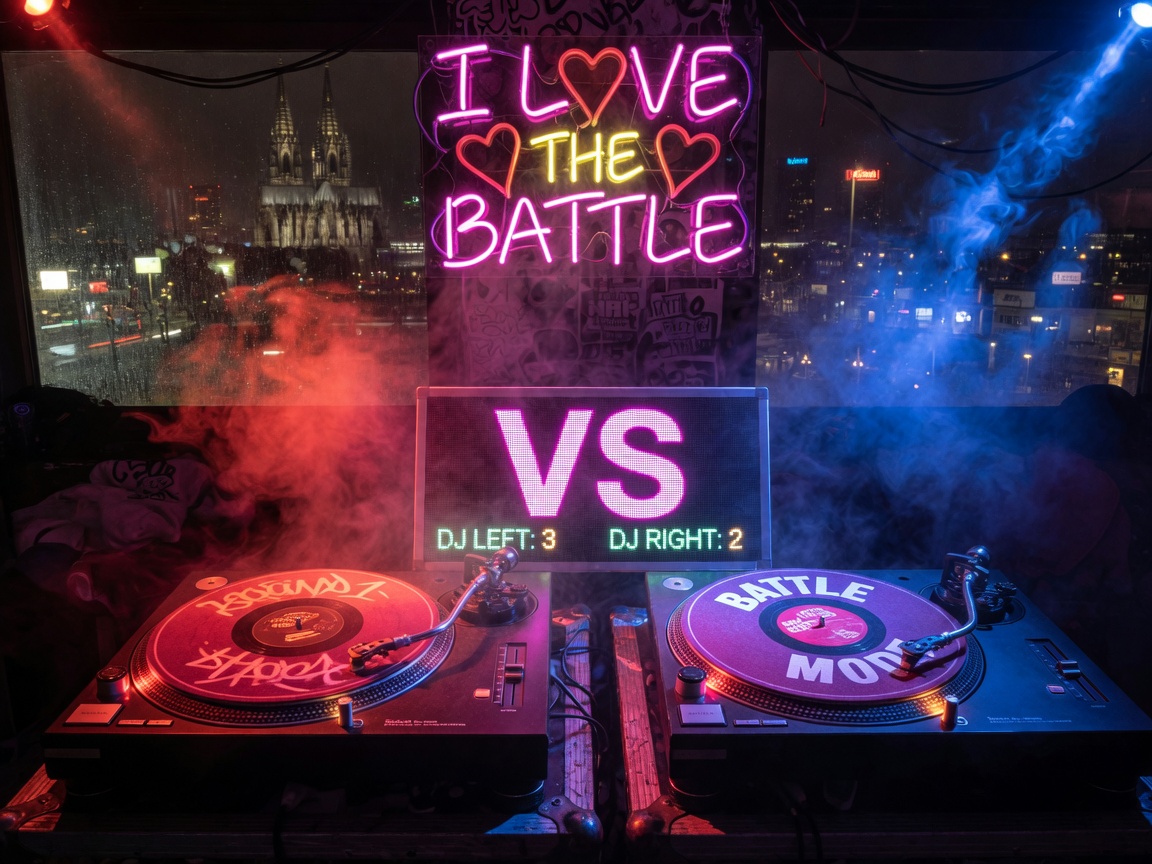 Two DJ turntables facing off like a boxing ring with a glowing VS scoreboard and a neon I Love The Battle sign