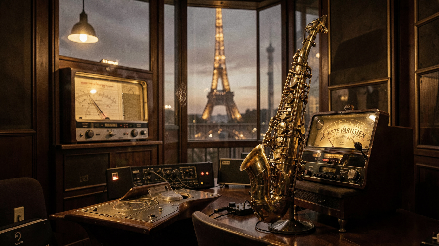 A vintage Parisian radio studio blending 1920s style with jazz elements and a glowing dial reading Le Poste Parisien