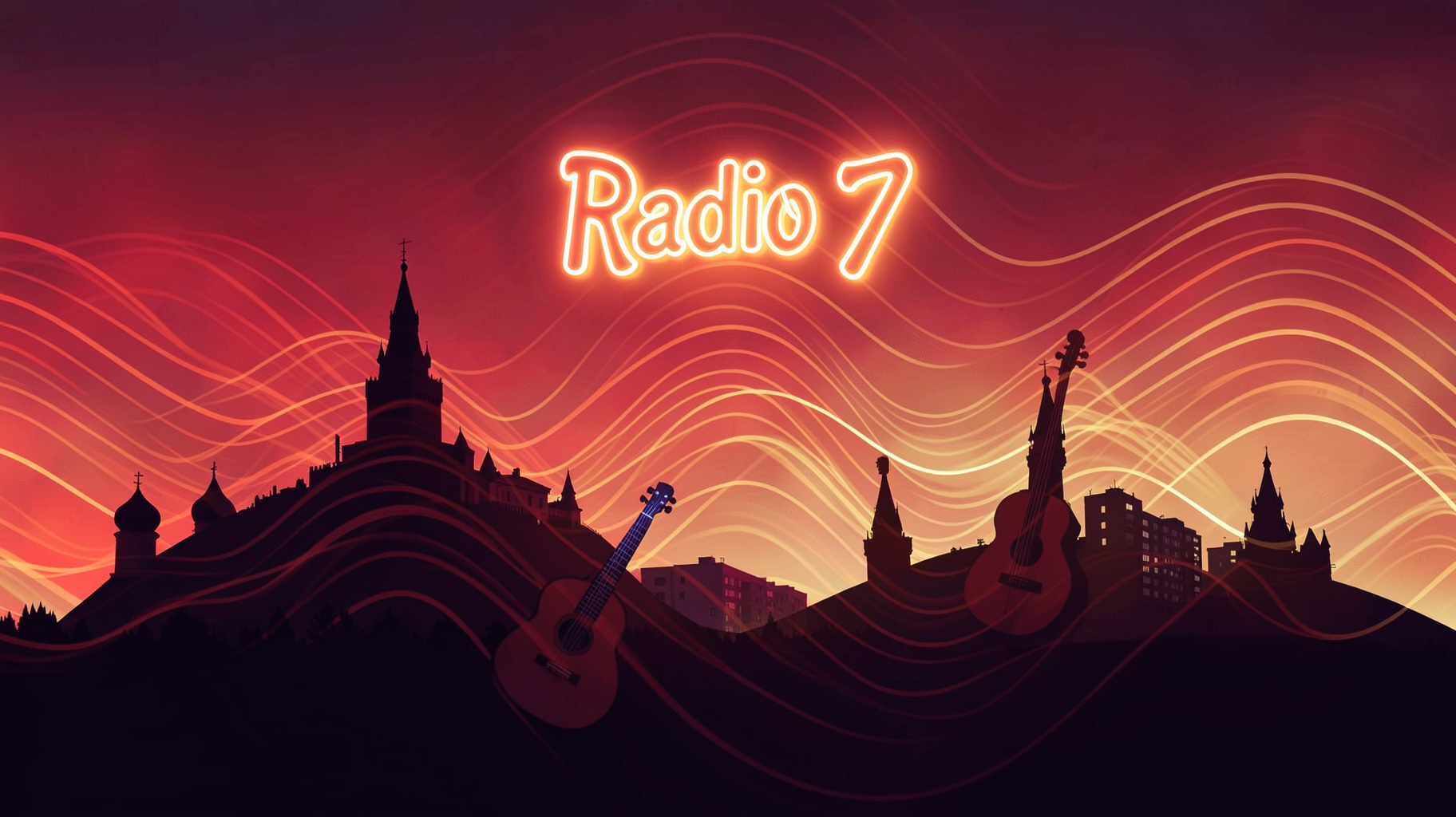 Abstract radio sound waves rippling across a stylized Moscow skyline with a glowing neon sign reading Radio 7