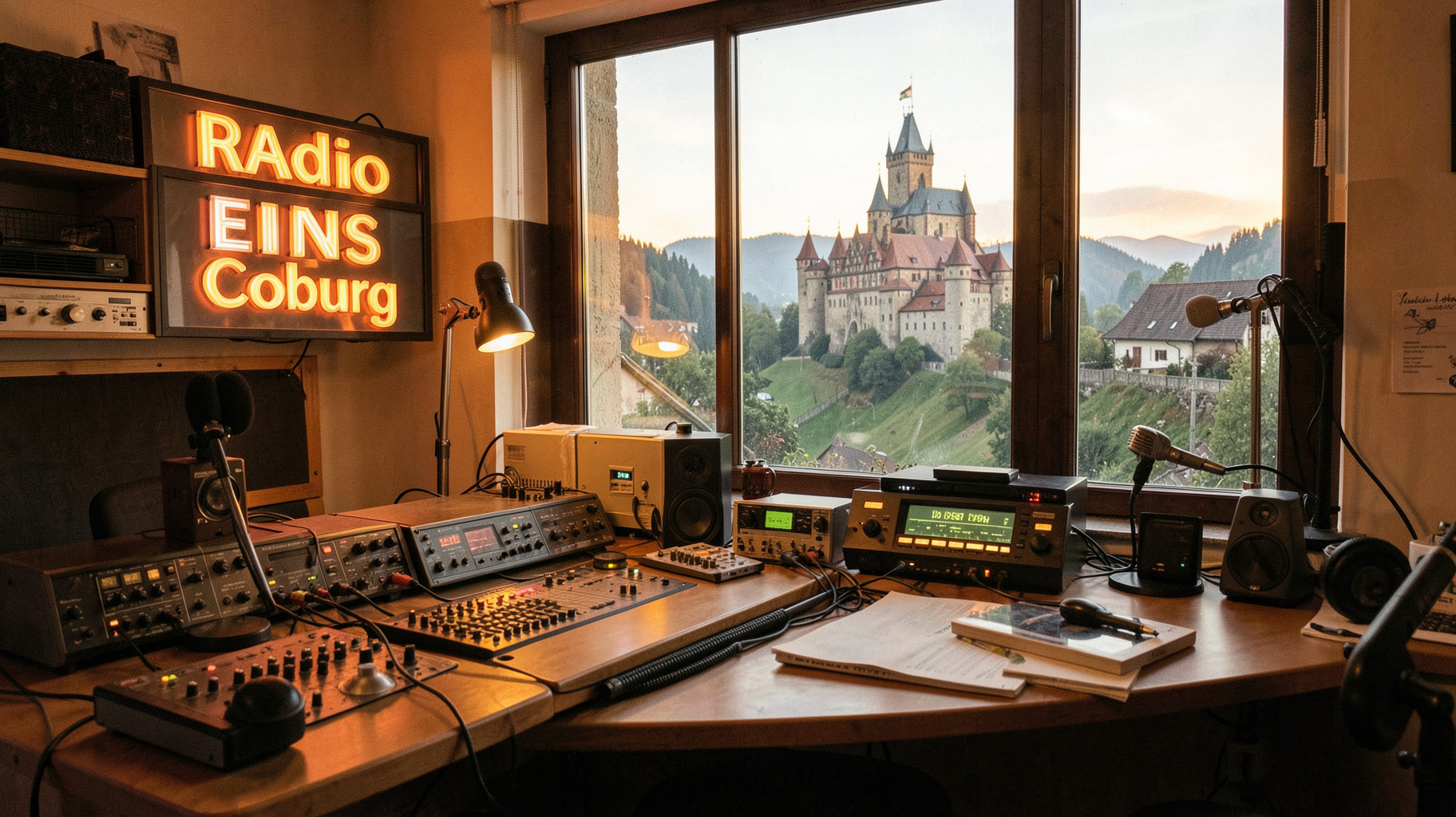 A local radio studio with Coburg Castle visible on a hilltop at golden hour, a sign reading Radio EINS Coburg