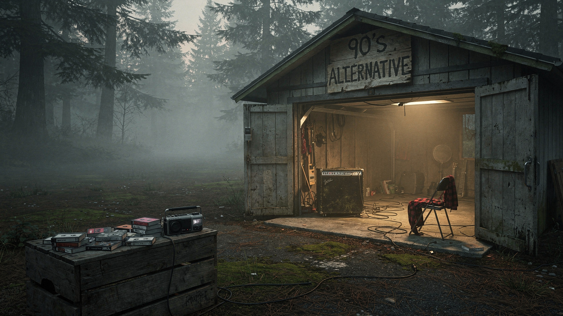 A foggy Pacific Northwest garage rehearsal space with a guitar amp and a sign reading 90's Alternative, inspired by BestNetRadio 90's Alternative