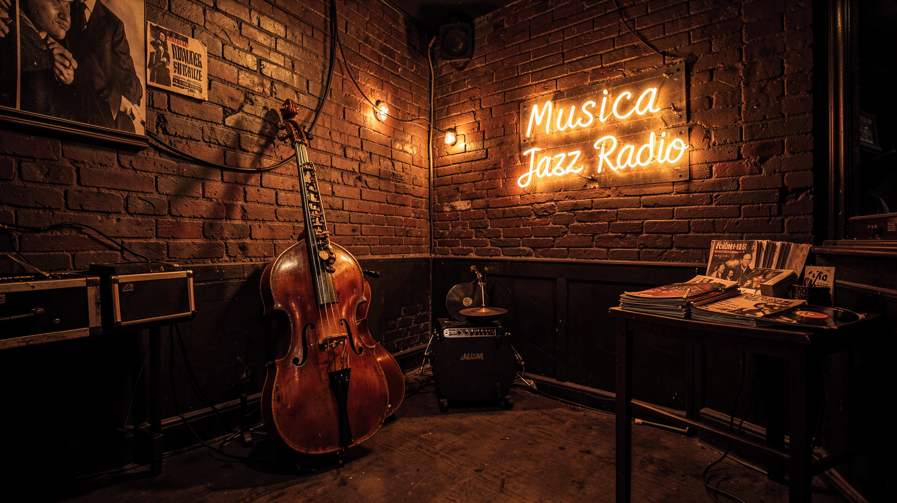 A warmly lit vintage Milan jazz club with a glowing Musica Jazz Radio sign on the brick wall