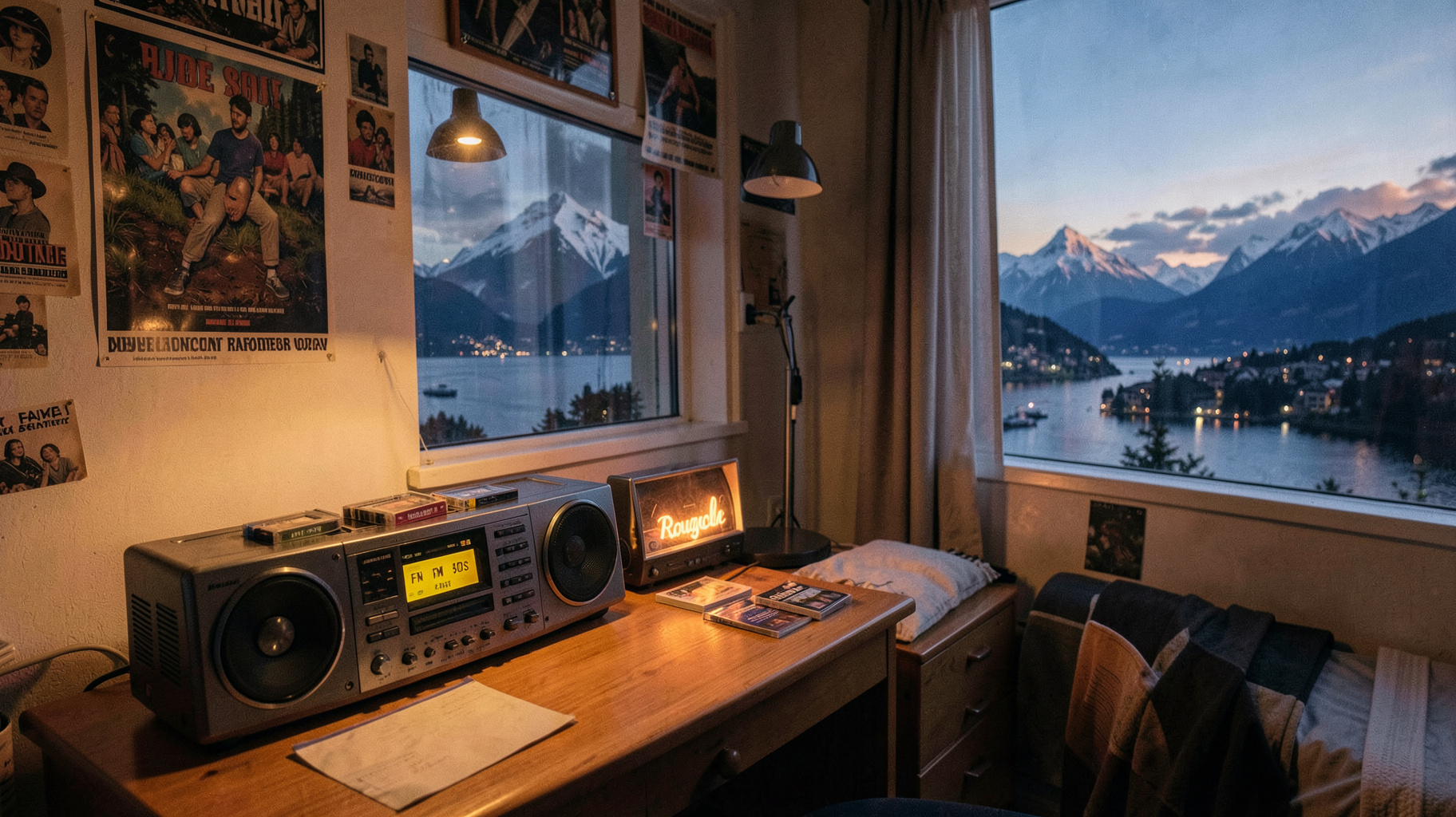 A nostalgic 1990s teenage bedroom overlooking Lake Geneva with a radio dial reading Rouge FM 90s