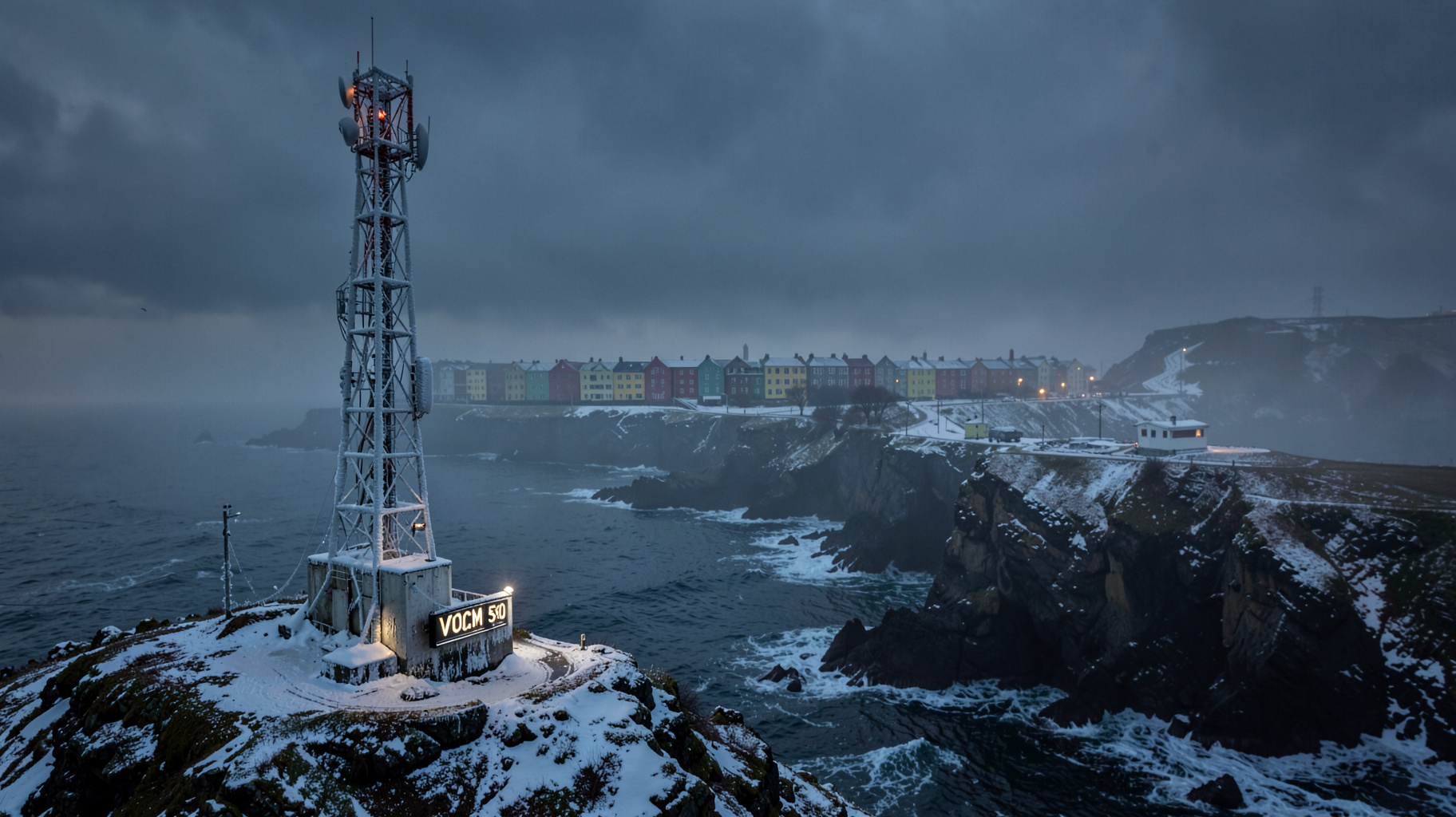 An ice-coated radio transmission tower on a Newfoundland cliff at dusk with a sign reading VOCM 590 and the colorful row houses of St. John's in the distance