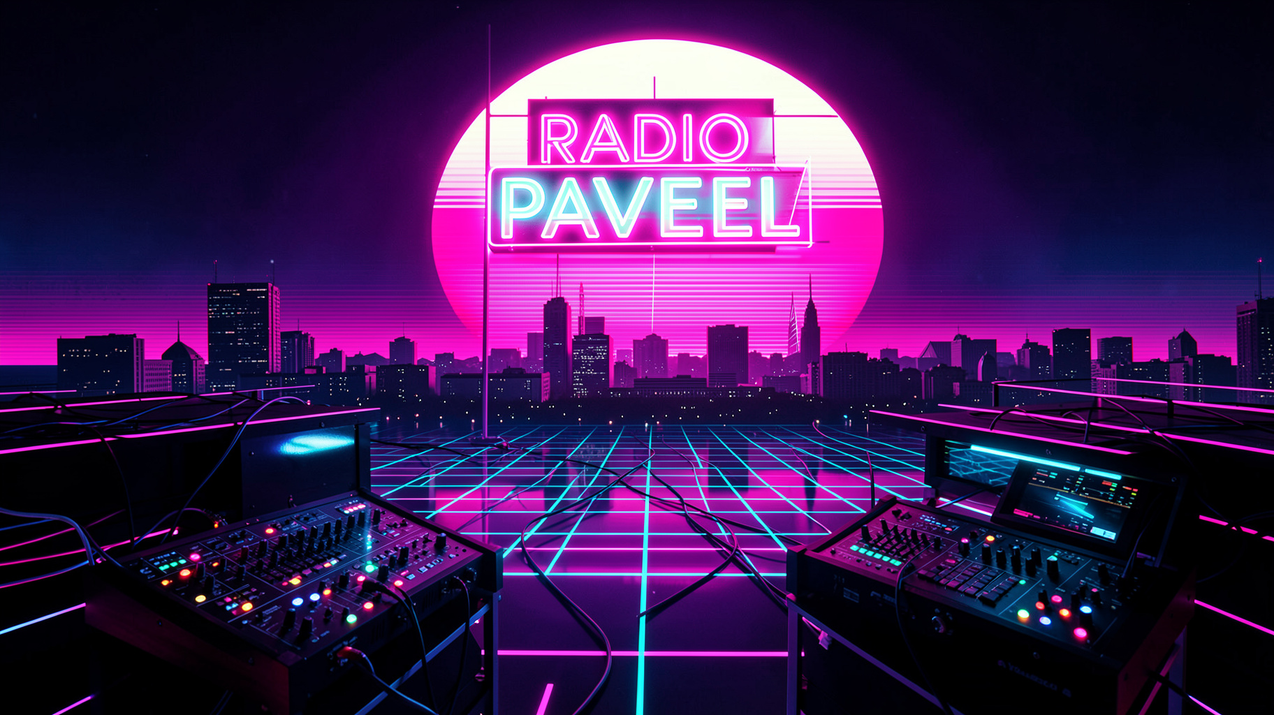 A retro synthwave outrun illustration of the Warsaw skyline with modular synthesizer racks and a neon sign reading Radio Paweł