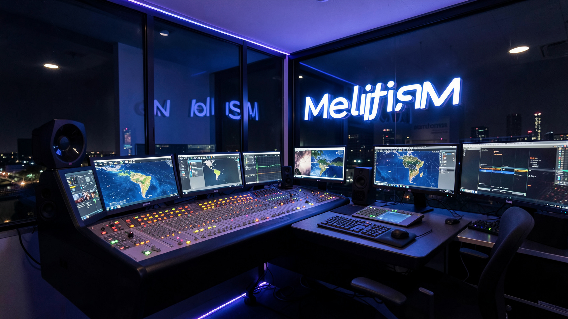 A modern radio control room in Sao Jose dos Campos with monitors showing a Brazil coverage map and a Melphis FM studio logo