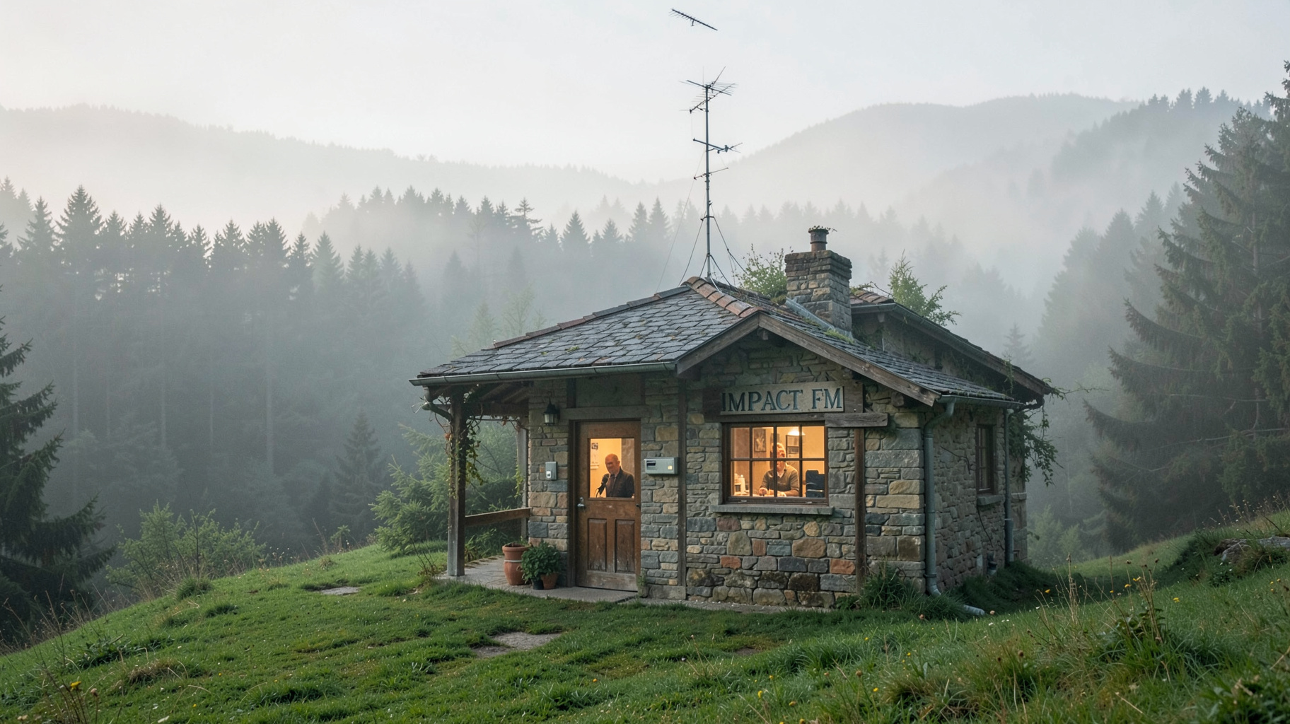 A small stone radio station building in the misty hills of the Belgian Ardennes with a sign reading Impact FM