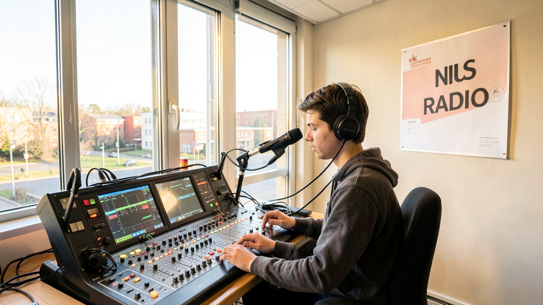 A bright modern university radio studio in Szczecin with a student at a broadcasting console and a wall poster reading NiUS Radio
