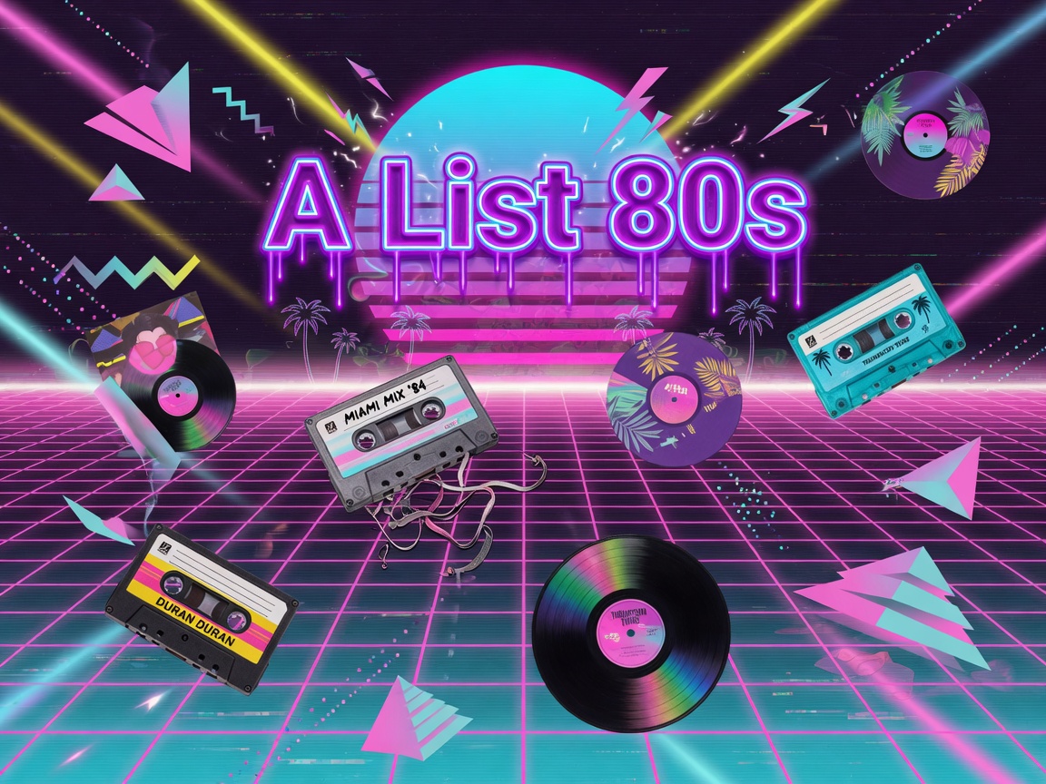 An abstract retro synthwave scene with neon grids and a glowing sign reading A List 80s