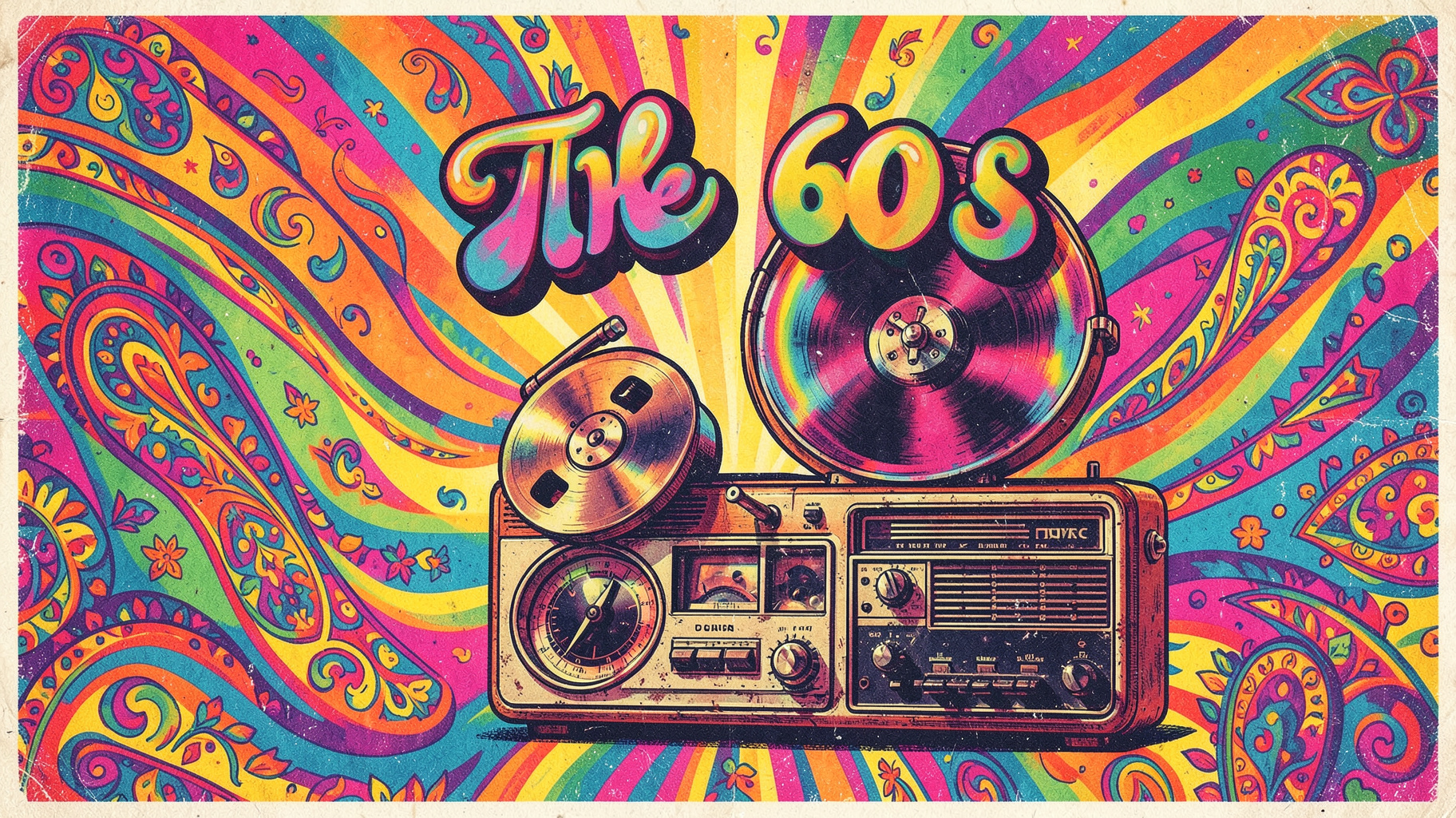 A psychedelic 1960s style poster illustration with swirling colors and a retro radio dial reading The 60s