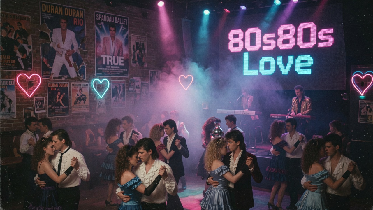 Couples slow dancing in a 1980s concert venue with an 80s80s Love LED screen glowing in the background