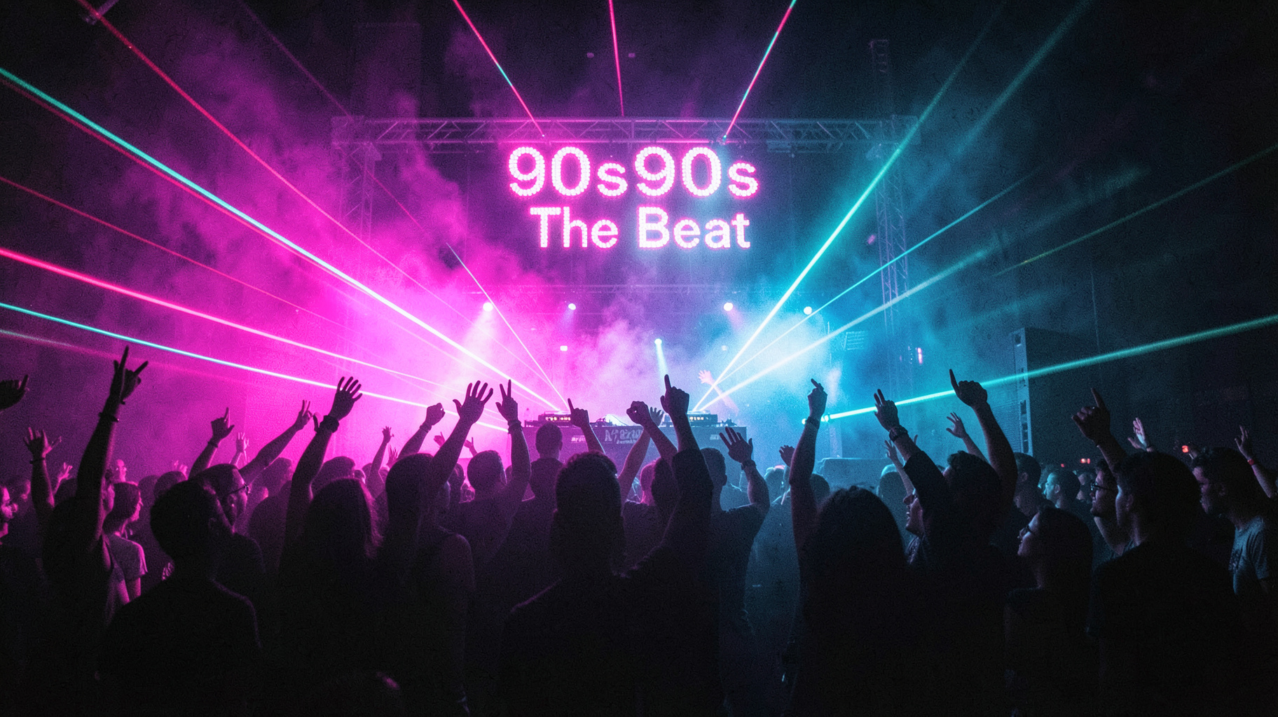 A packed 1990s German rave with laser lights and a sign reading 90s90s The Beat