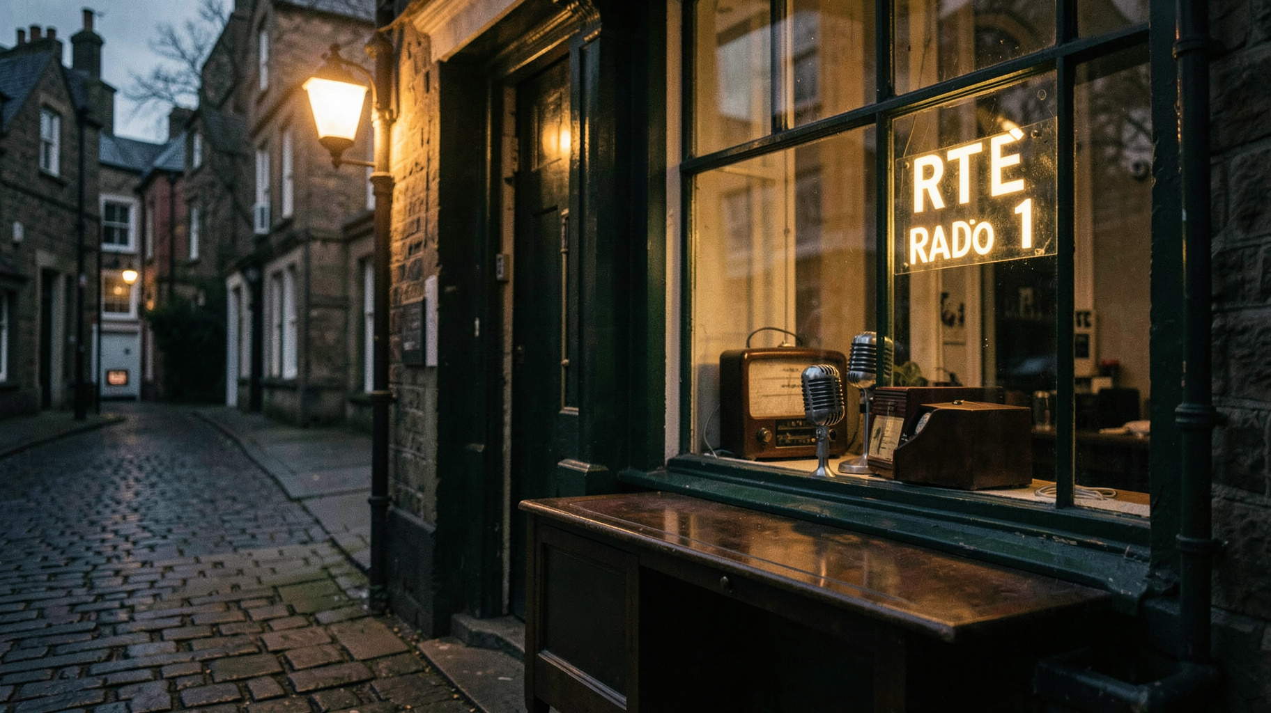 A Dublin street at dusk with a vintage radio in a window under a sign reading RTÉ Radio 1