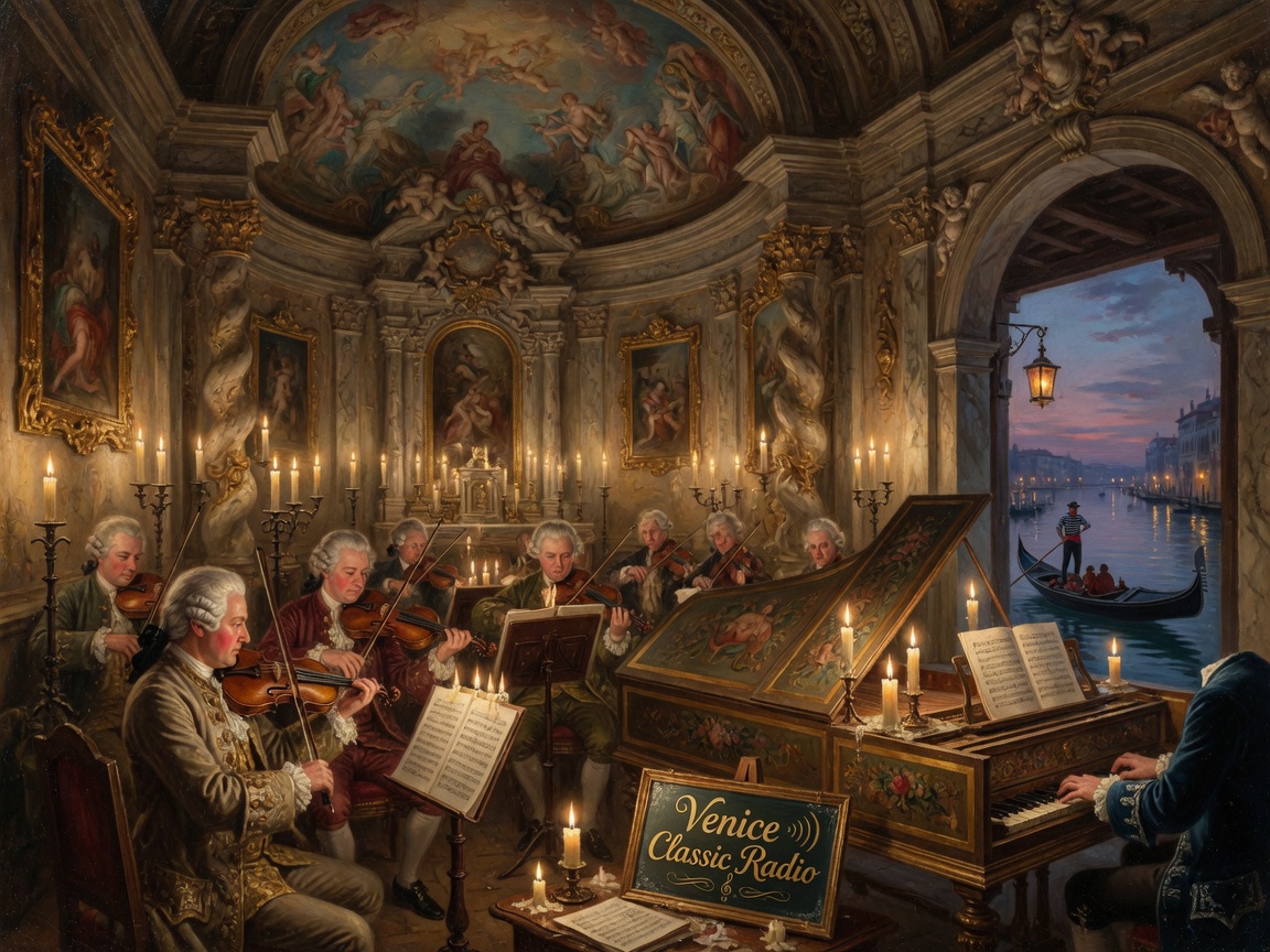 A candlelit Baroque orchestra performing inside an ornate Venetian church with a Venice Classic Radio sign