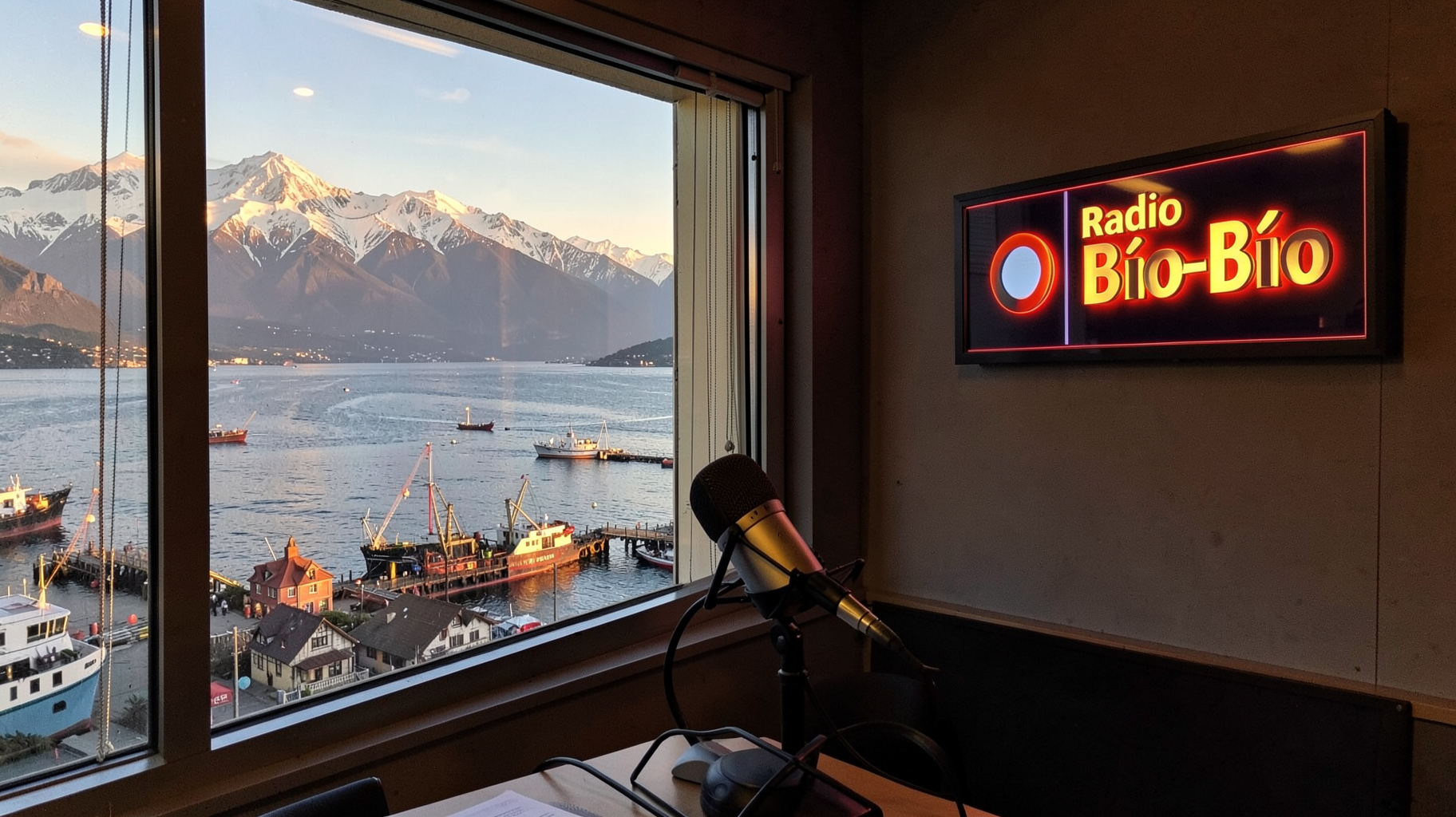 A coastal radio studio overlooking Puerto Montt's Reloncaví Sound with volcanoes in the background and a Radio Bío-Bío sign glowing inside