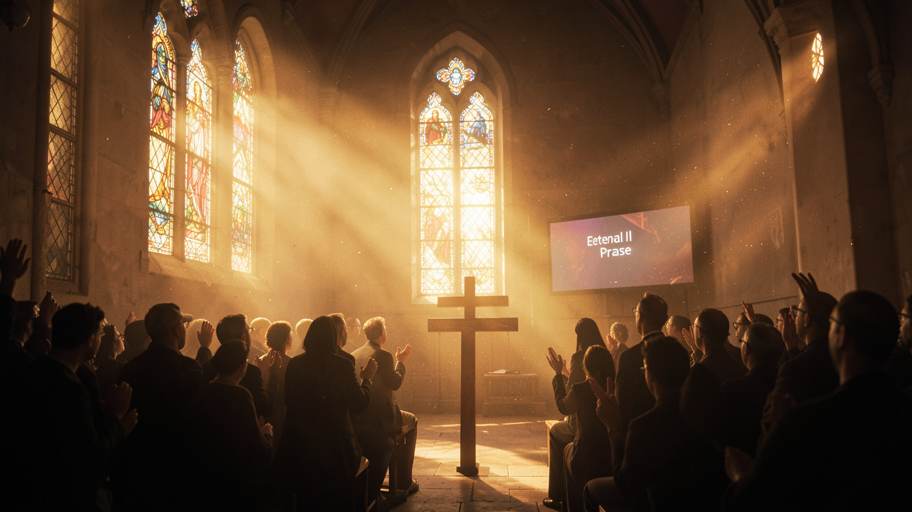 Serene chapel filled with warm light and worshippers in prayer