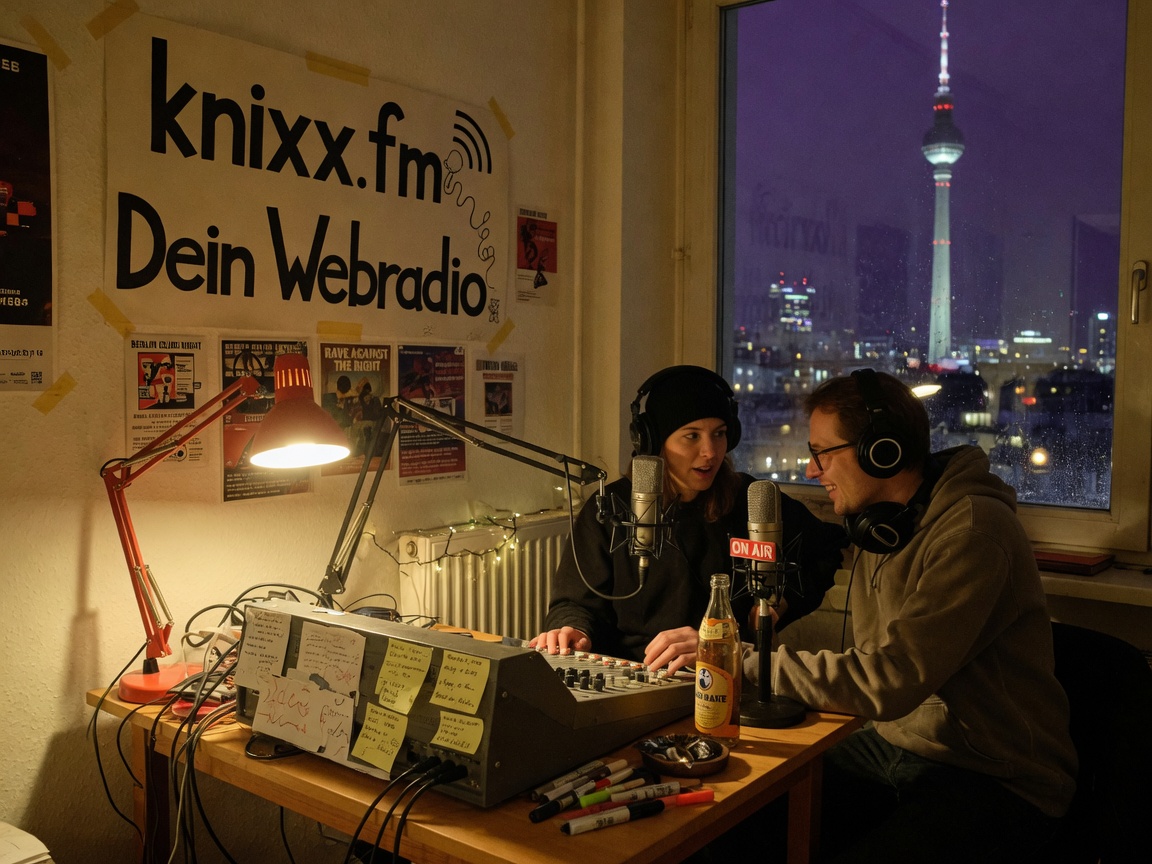 Two friends in a small home built radio studio in Berlin at night with the TV tower visible through the window