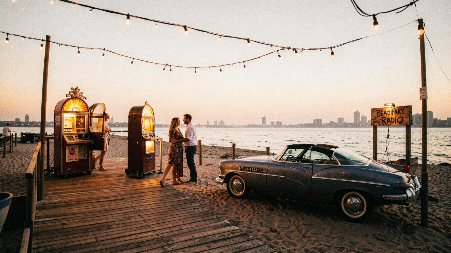 A retro 1960s beach boardwalk at golden hour with dancers, a jukebox and a sign reading Beach Party Radio