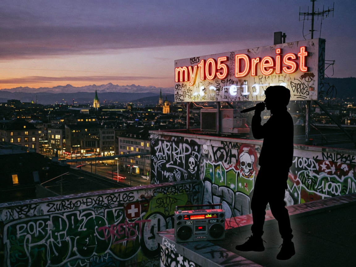 Zurich rooftop scene at dusk with a rapper silhouette and a glowing my105 Dreist sign
