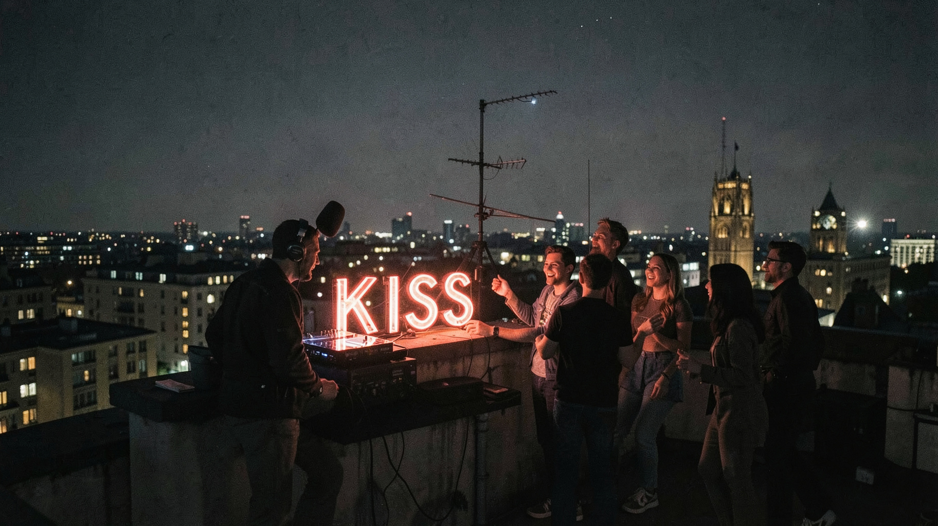 A London rooftop at night with a pirate radio aerial, a neon sign reading KISS and dancing friends