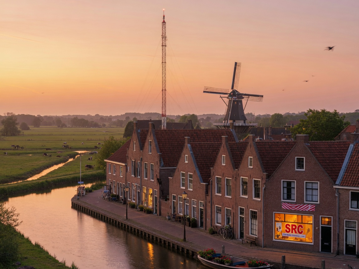 Small Dutch river town at golden hour with a radio antenna above the rooftops, inspired by SRC Rivierenland