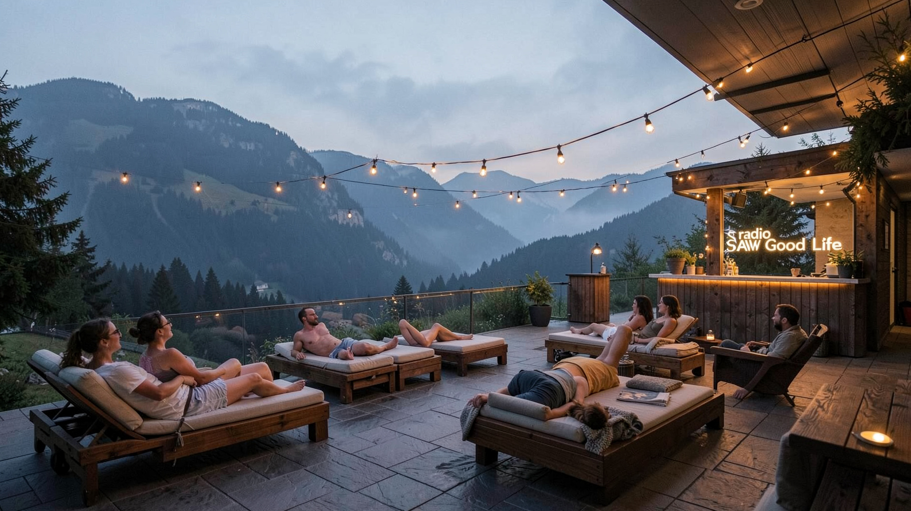 A tranquil spa lounge overlooking the misty Harz mountains at dusk, with a glowing sign reading radio SAW Good Life