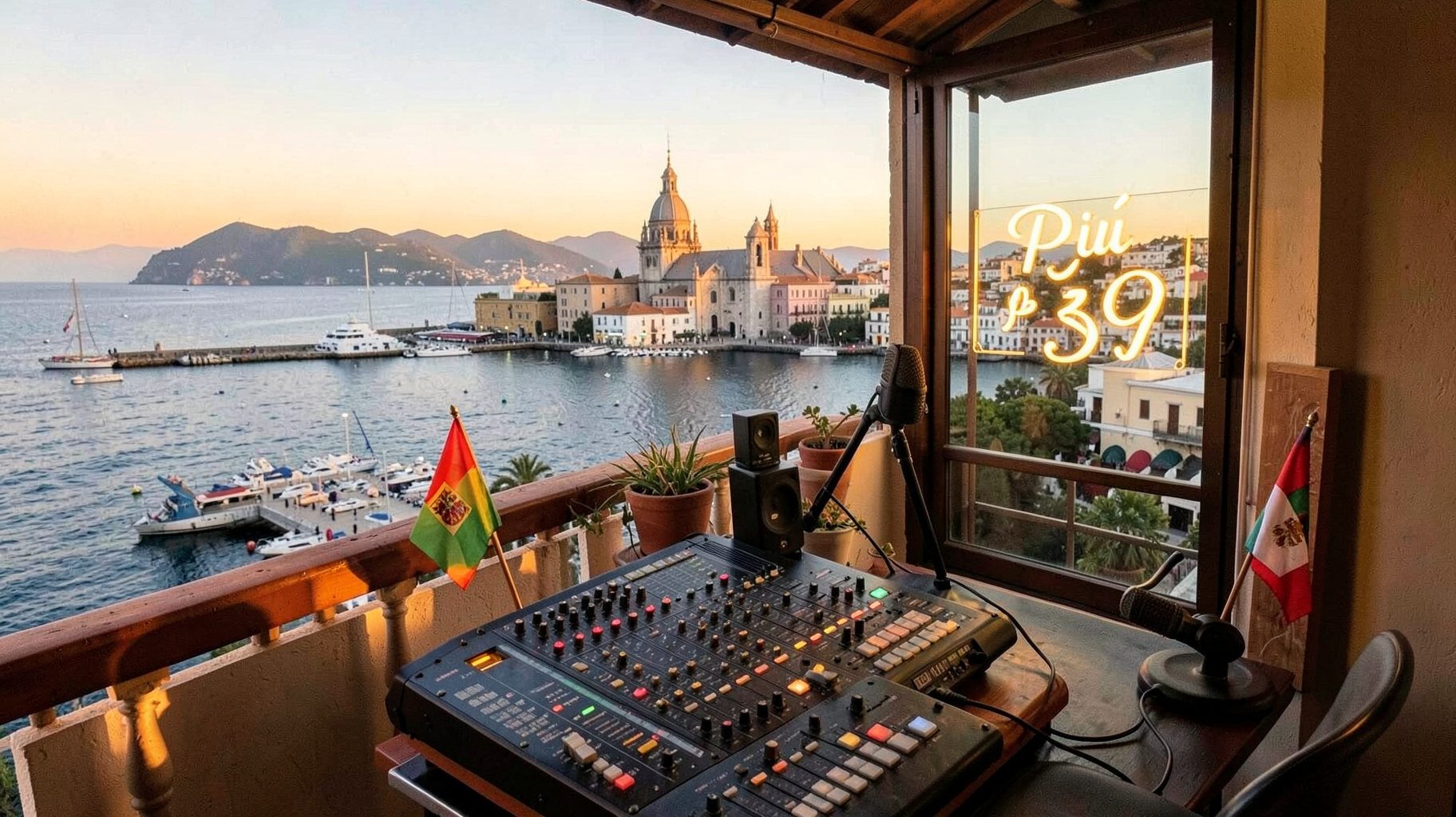 A radio studio balcony overlooking the harbor of Palma de Mallorca at golden hour with a sign reading Più 39