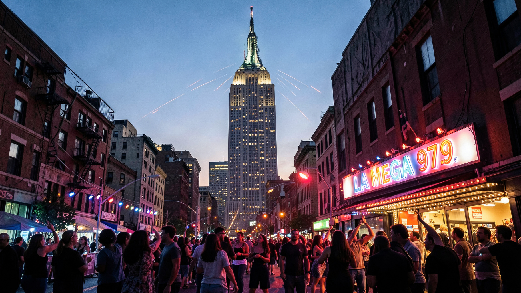 The Empire State Building towering over a vibrant New York street party with a glowing La Mega 97.9 sign