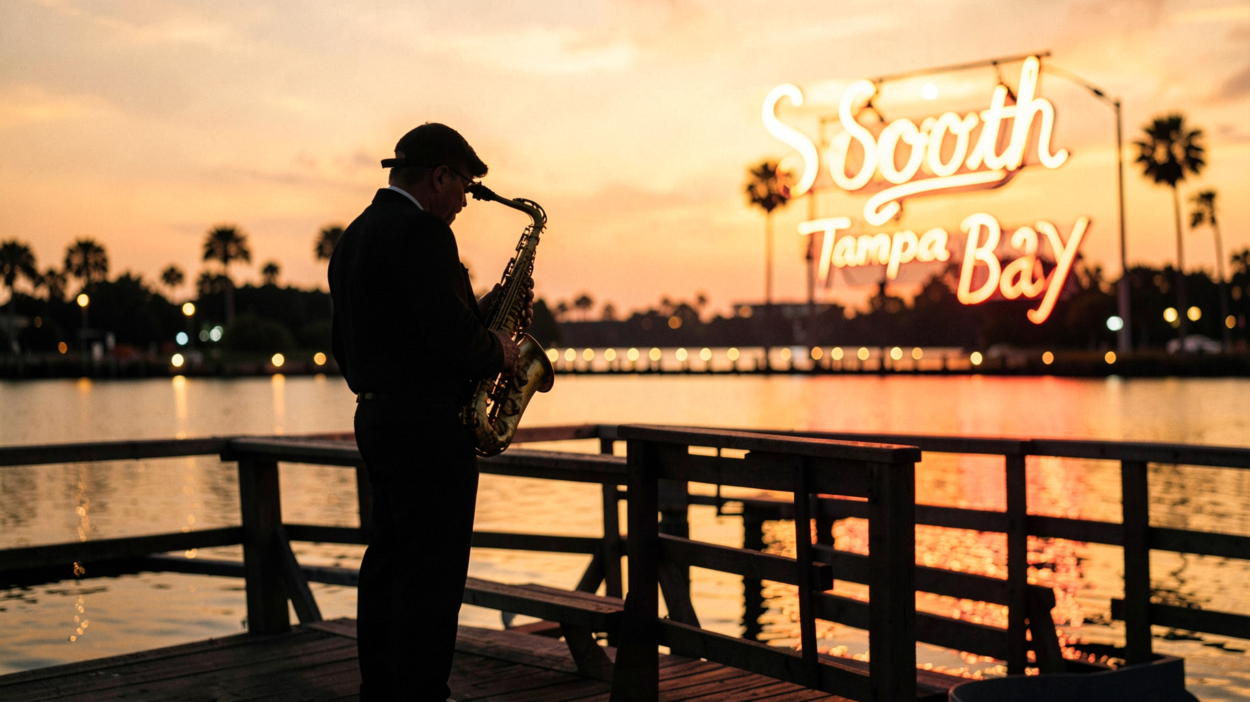 A saxophonist silhouette on a pier overlooking Tampa Bay at sunset with a neon Smooth Jazz Tampa Bay sign