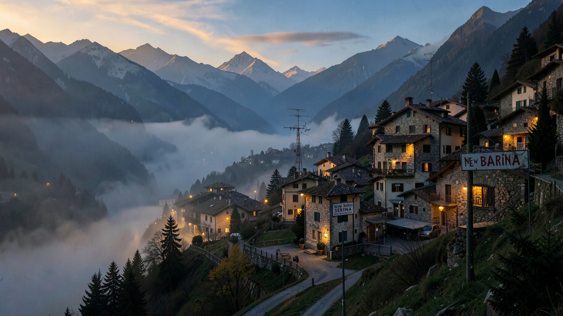 Alpine village at dusk in the Bergamo Alps with a New Radio Serina antenna tower