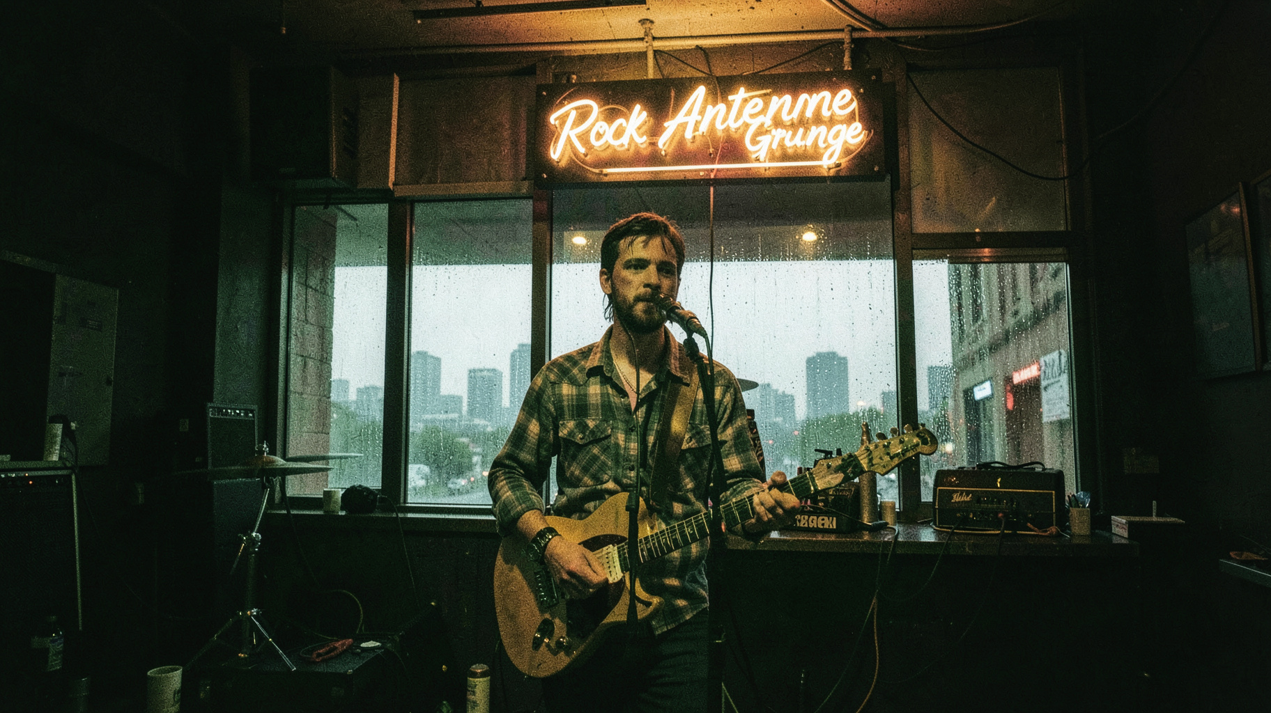 Grunge dive bar stage with guitarist and a neon sign reading Rock Antenne Grunge