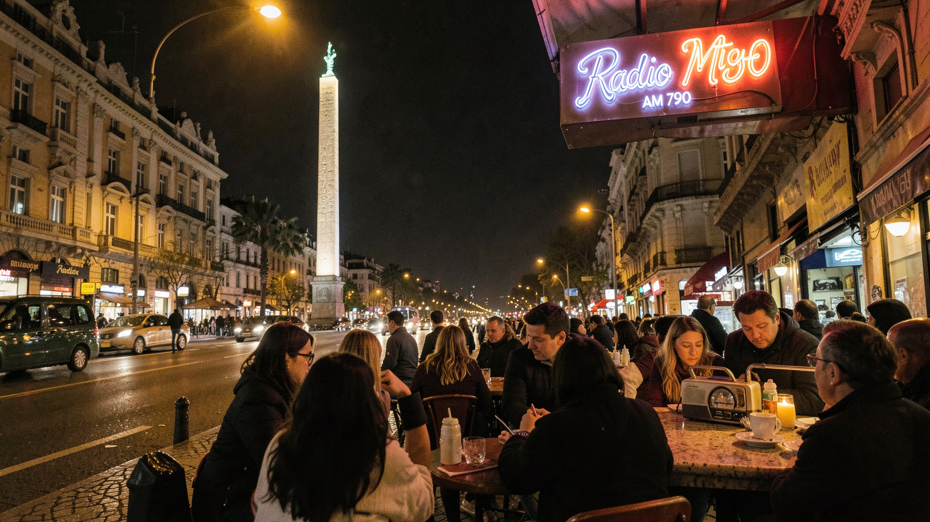 A Buenos Aires street café at night with a vintage radio and a neon sign reading Radio Mitre AM 790