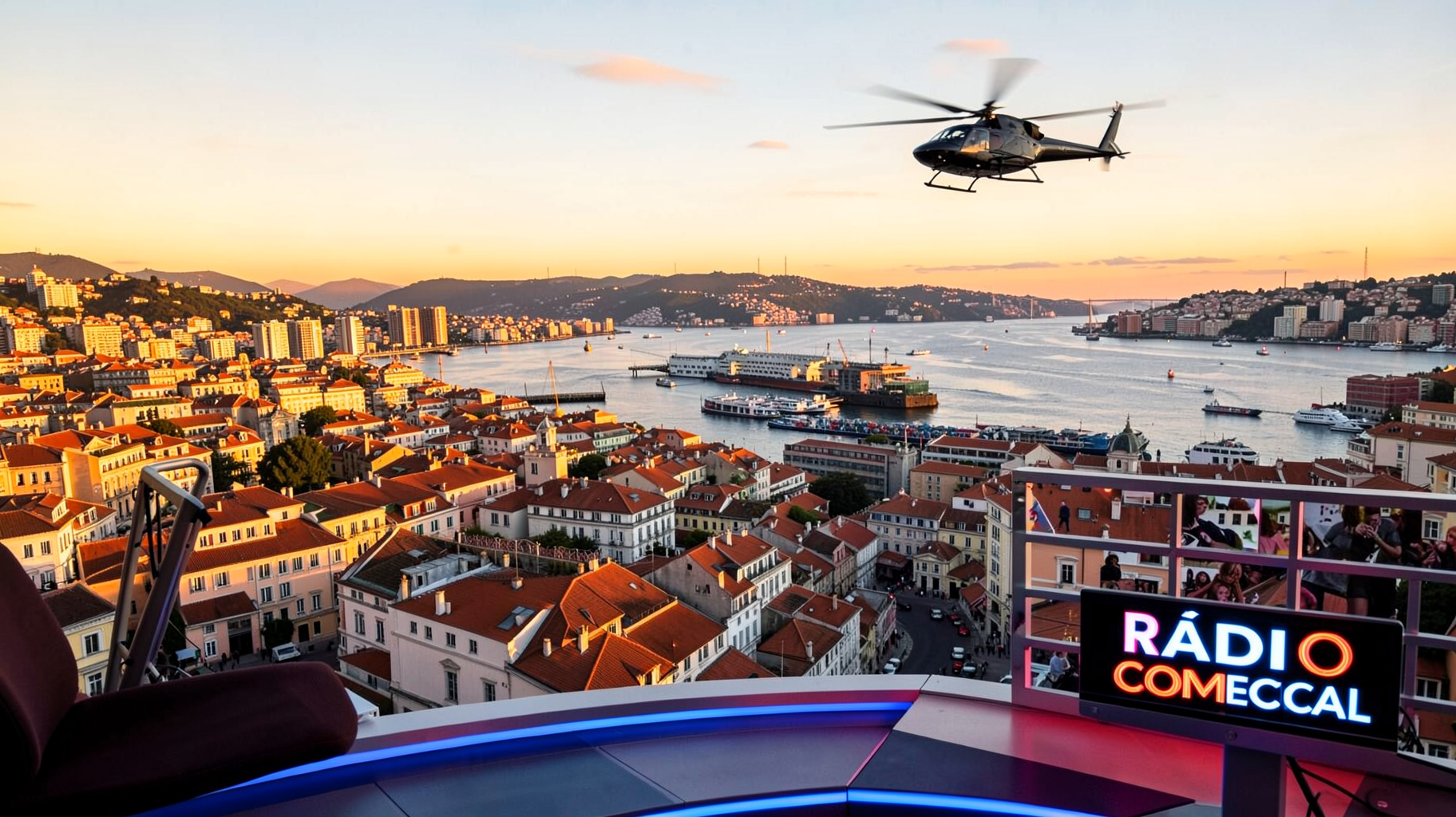 A radio studio overlooking Lisbon at golden hour with a helicopter flying past and a sign reading Rádio Comercial