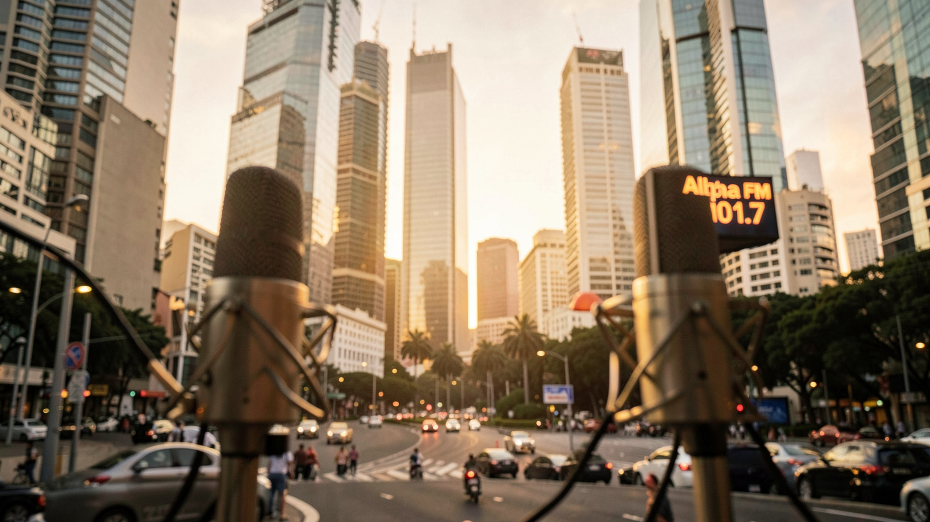 Golden-hour view of Avenida Paulista in São Paulo with a glowing sign reading Alpha FM 101.7