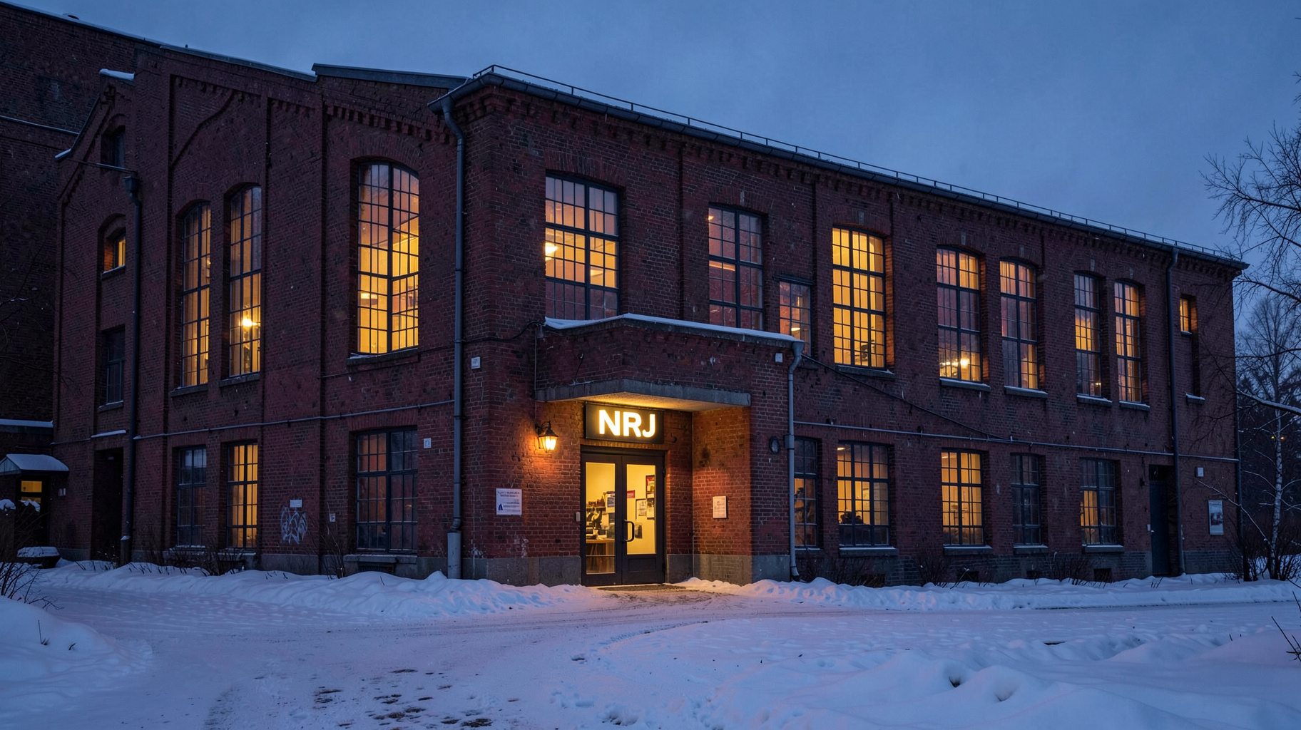 A converted industrial cable factory building in Helsinki at dusk in winter with a sign reading NRJ