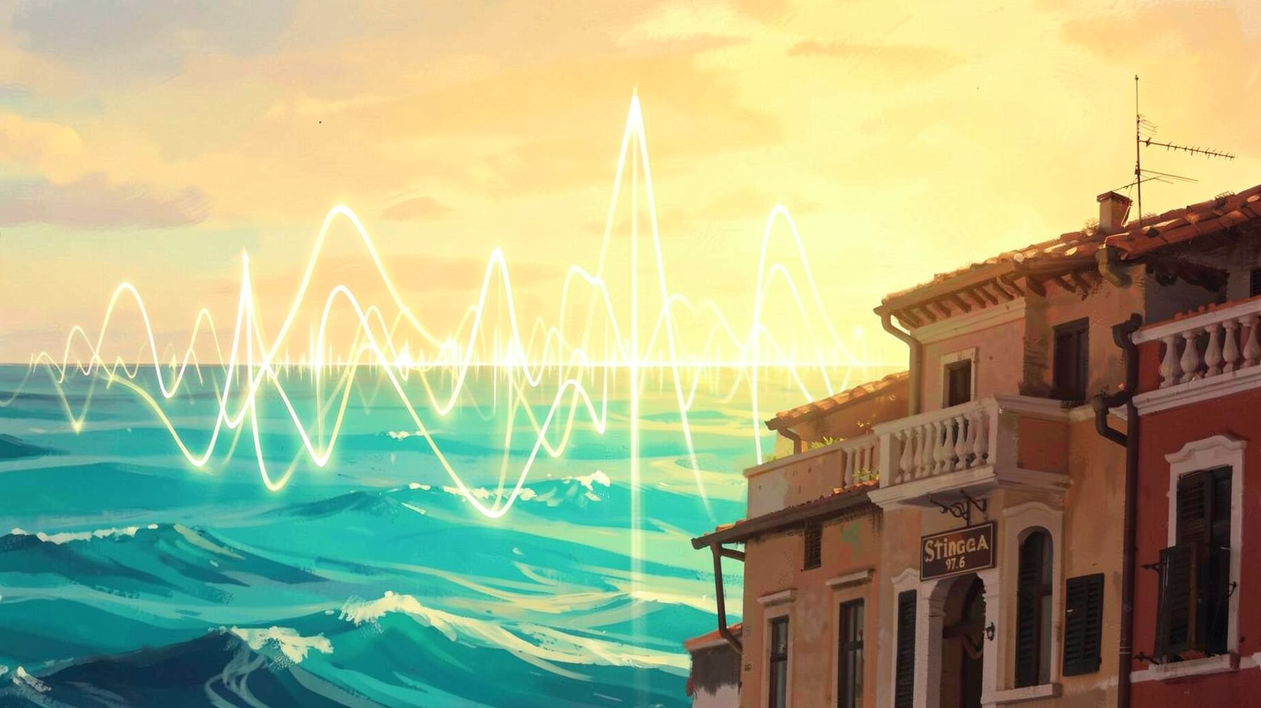 Abstract sunset visualization of the Ionian Sea and sound waves over a Venetian building with a Stigma 97.6 sign