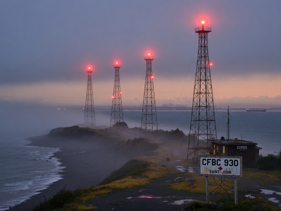A vintage AM radio antenna array on the Bay of Fundy coast with a sign reading CFBC 930, inspired by CFBC 930 Saint John