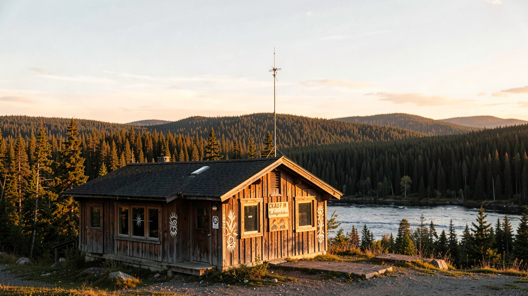 Community radio station building near Sept-Iles with Innu cultural motifs and boreal forest