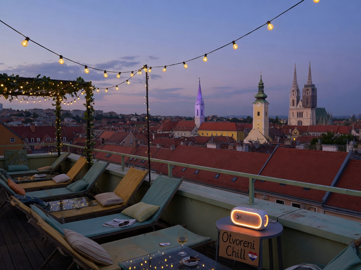 A relaxed rooftop lounge in Zagreb at dusk overlooking the city with a speaker labeled Otvoreni Chill
