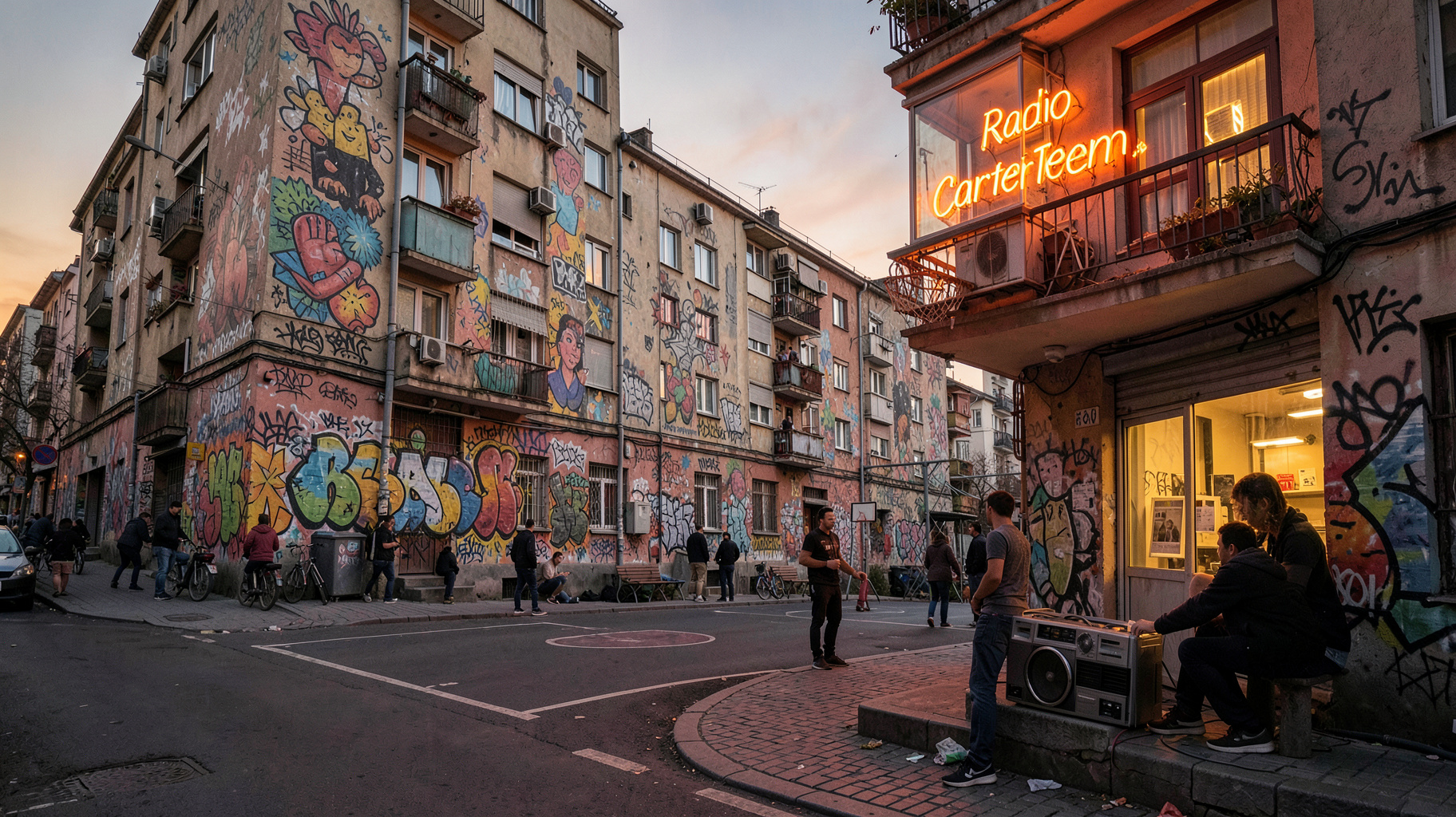 A colorful graffiti-covered Bucharest neighborhood street at dusk with a neon sign reading Radio Cartier Romania