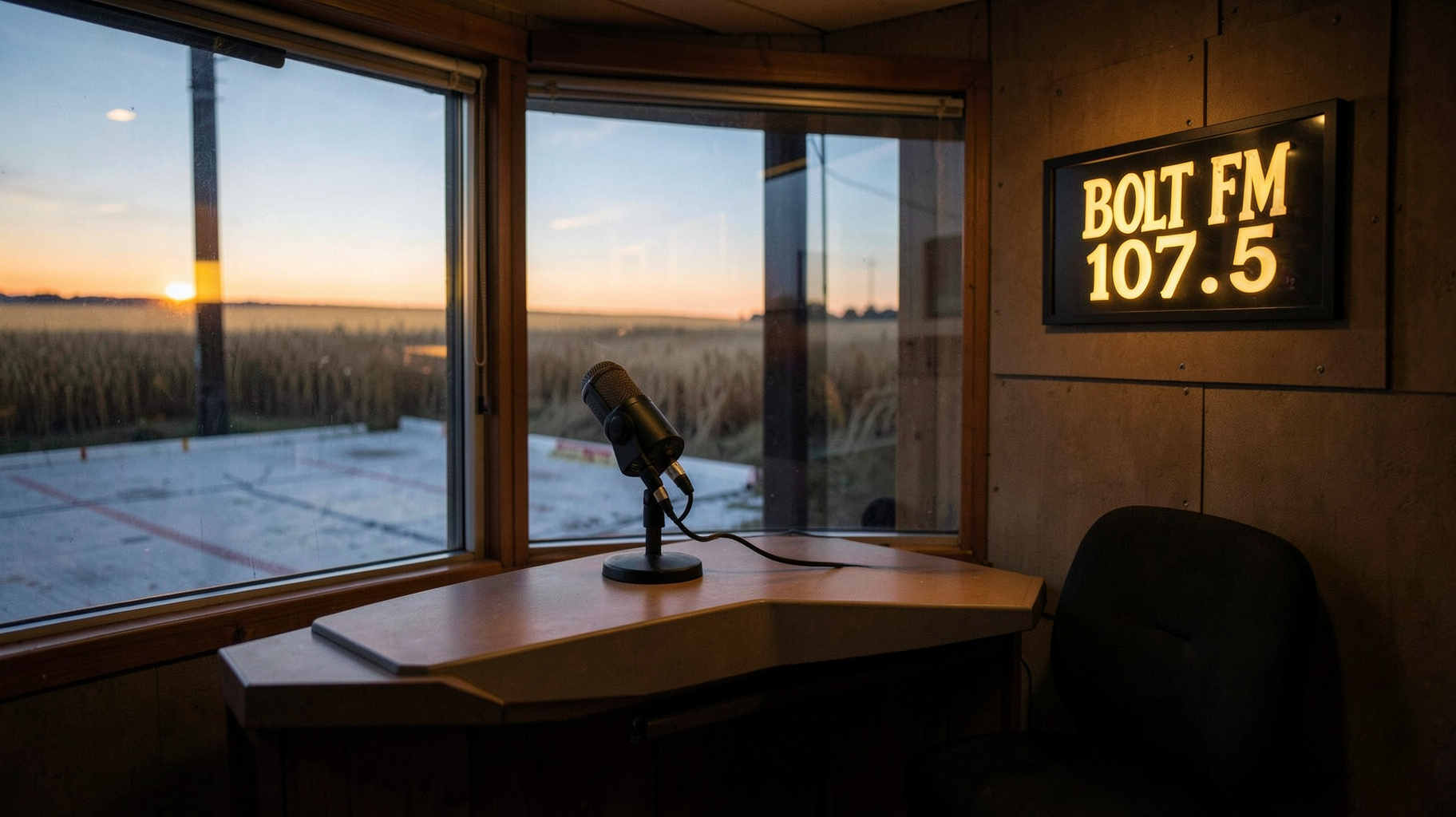 A small-town radio booth at dusk overlooking a prairie hockey rink with a sign reading Bolt FM 107.5