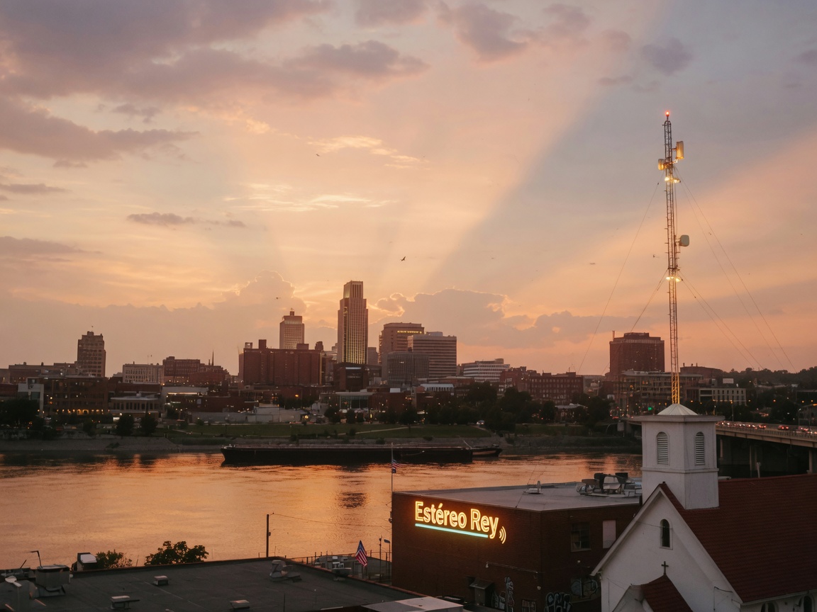 A warm sunset over the Omaha, Nebraska skyline evoking the hopeful spirit of Estereo Rey radio