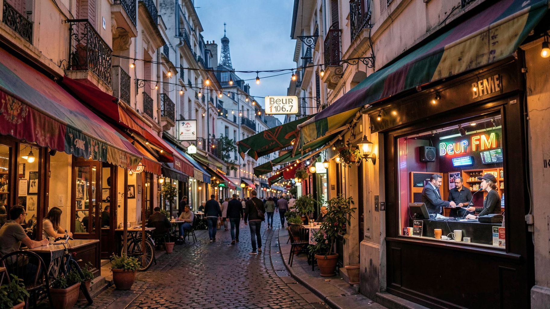 A vibrant Paris street scene blending French and North African culture, with a glowing sign reading Beur FM 106.7