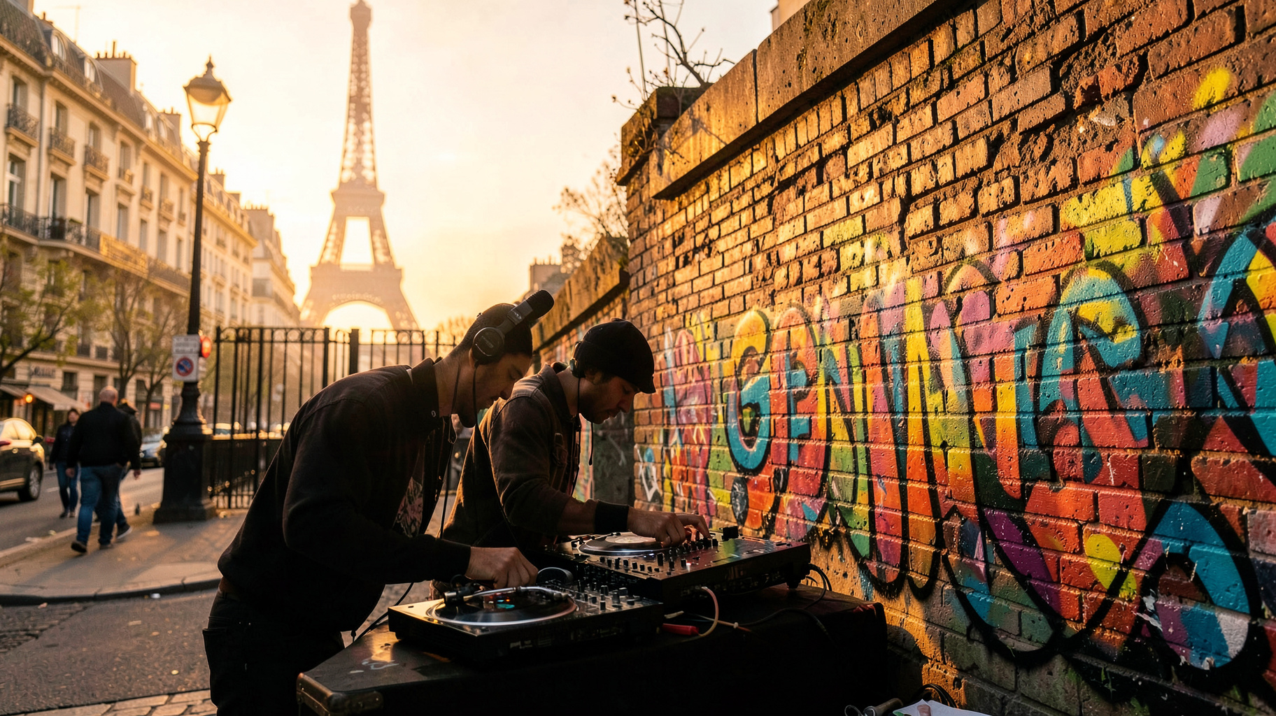 Paris street scene with graffiti reading Generations and a DJ silhouette at turntables
