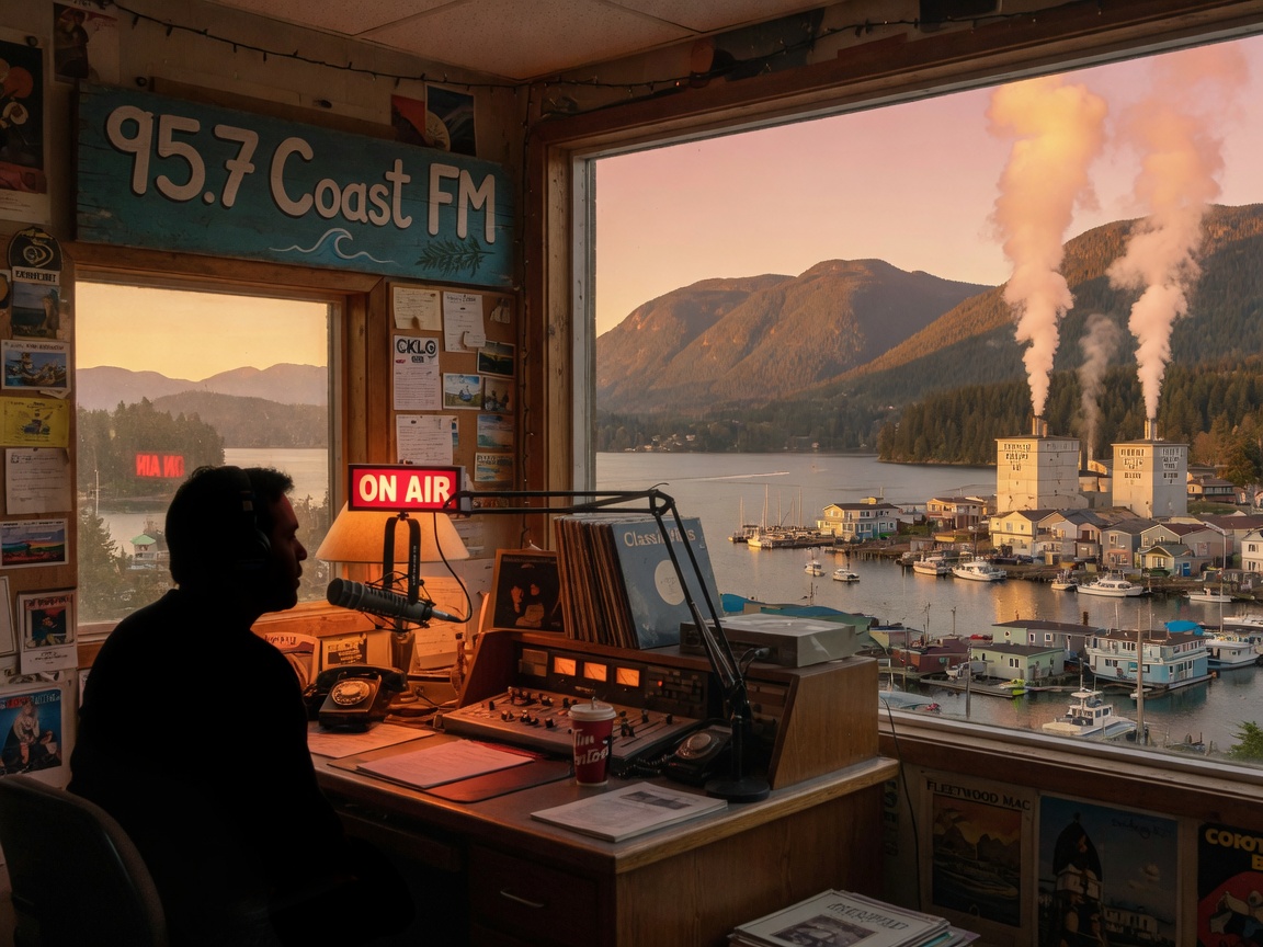 A small town radio broadcast booth overlooking a coastal British Columbia mill town at golden hour