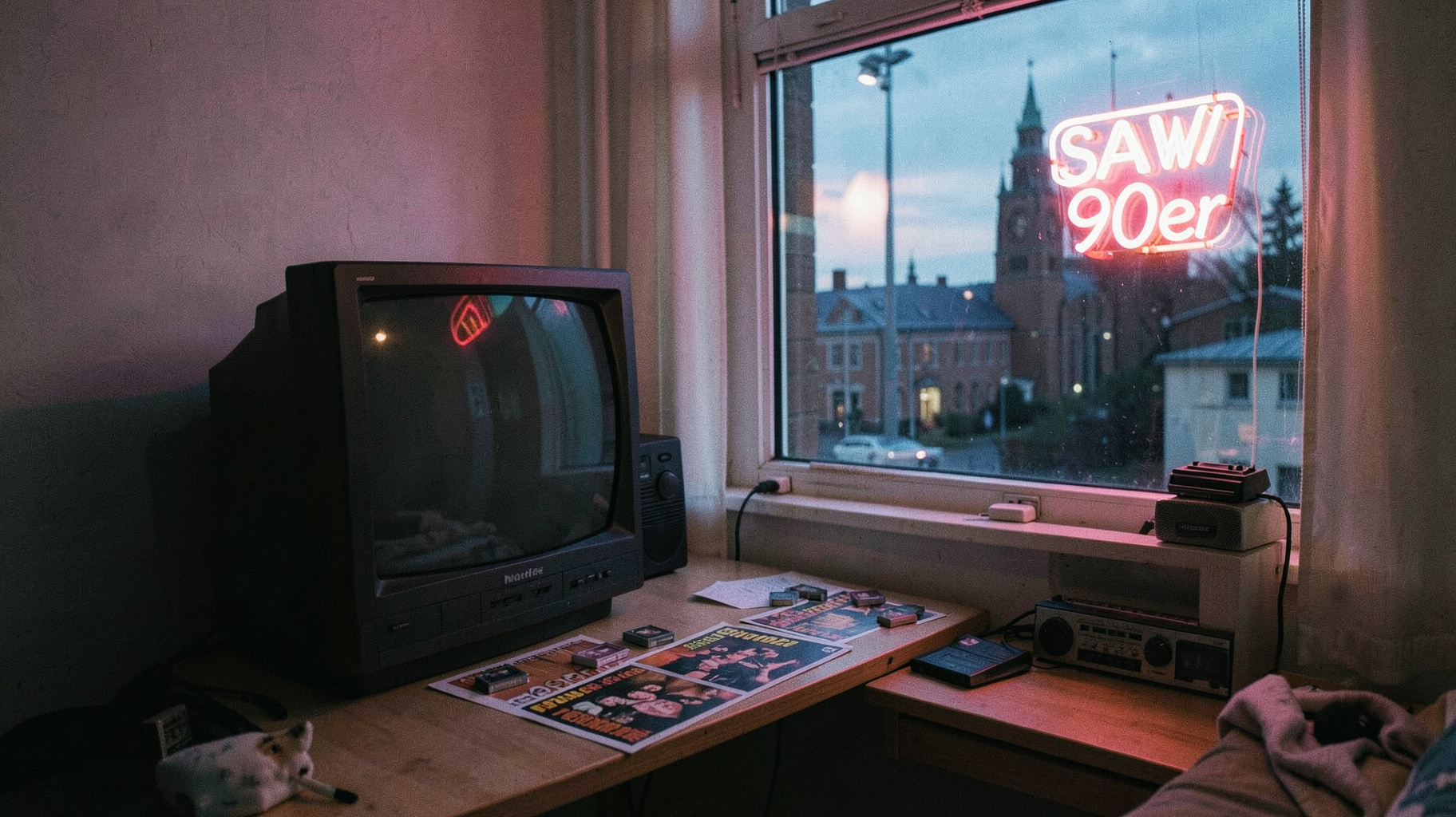 Nostalgic 1990s German bedroom with radio SAW 90er neon sign and Magdeburg skyline