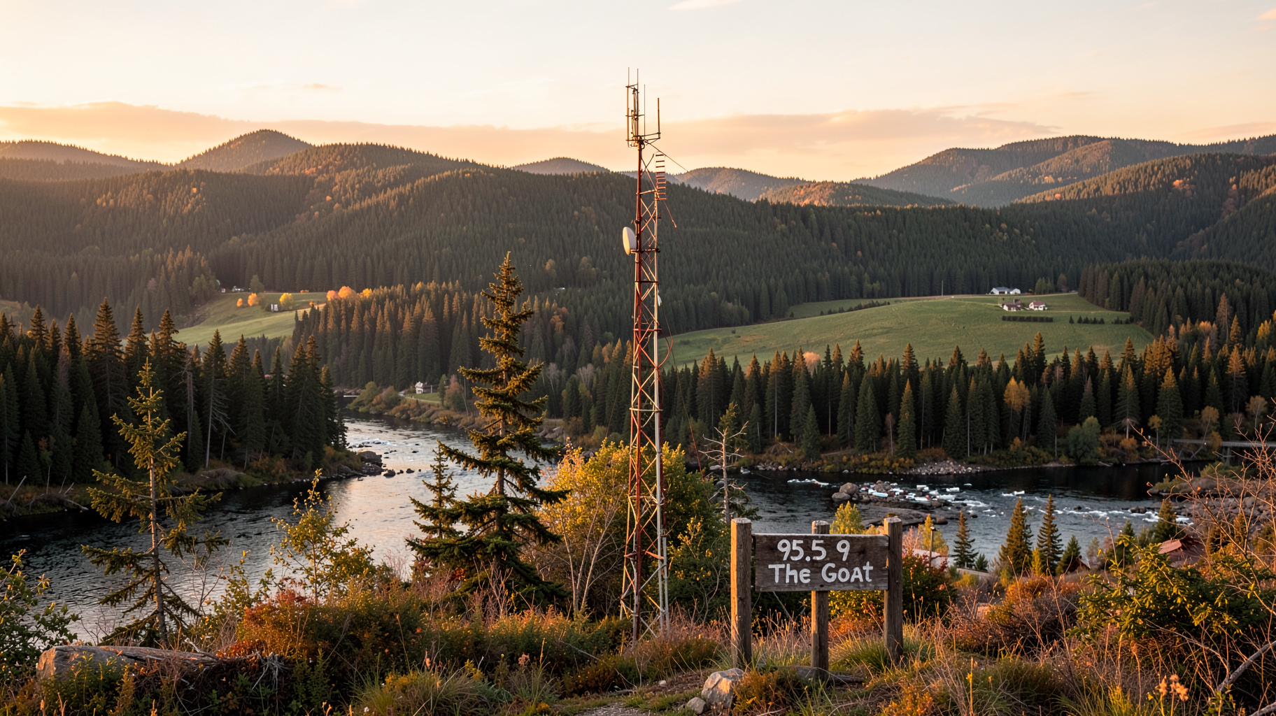 A radio transmission tower above the Nechako Valley with a 95.9 The Goat sign