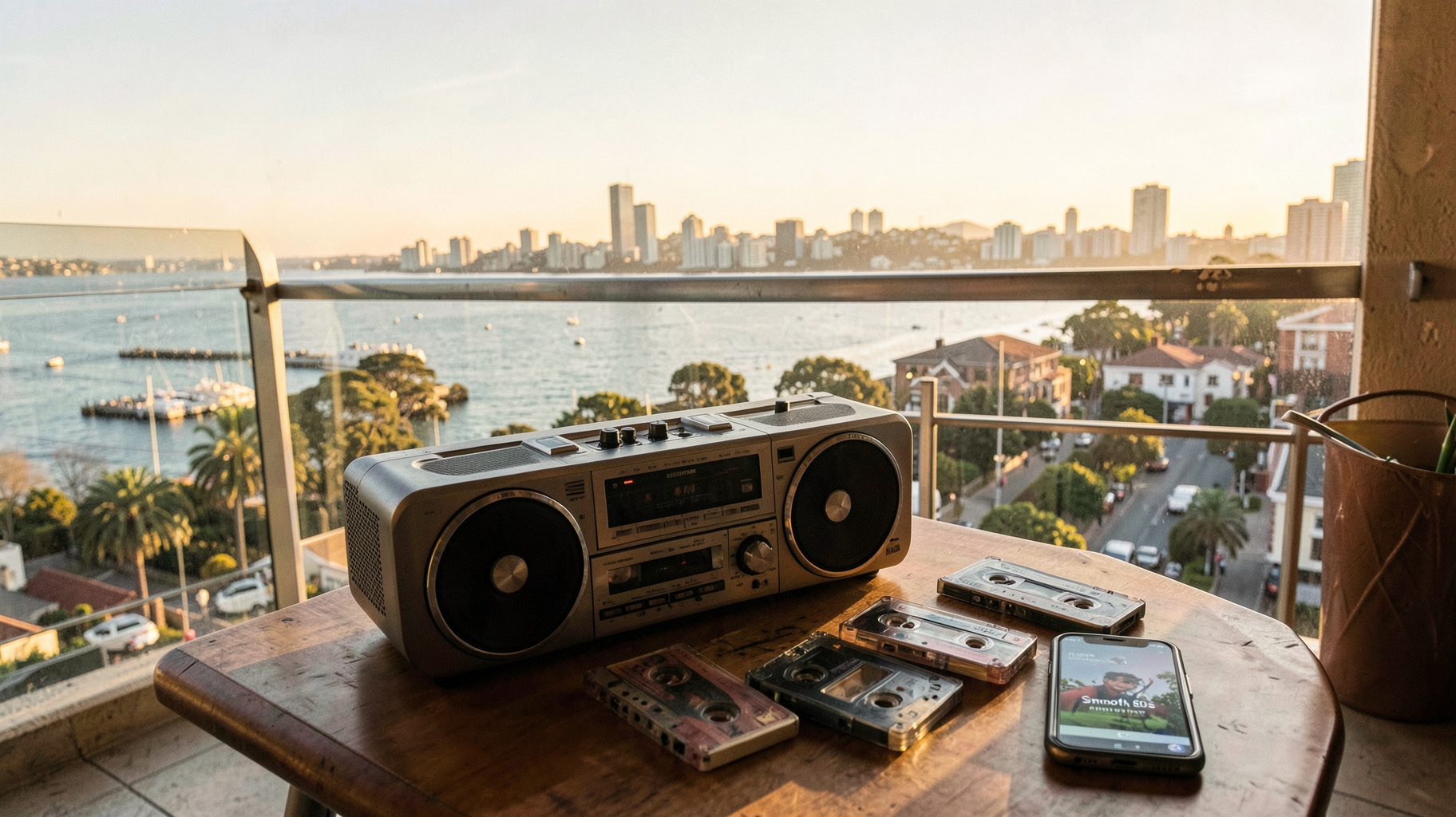 A sunlit Sydney balcony with a retro boombox and a phone screen reading Smooth 80s