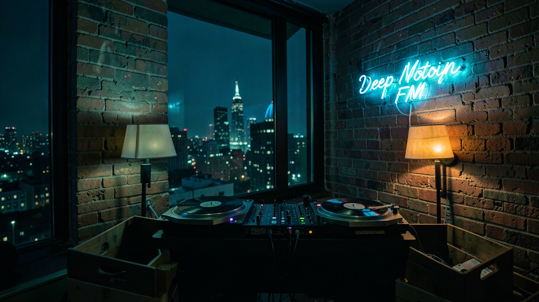 A New York loft listening room with turntables, vinyl crates, a skyline view and a neon sign reading Deep Motion FM